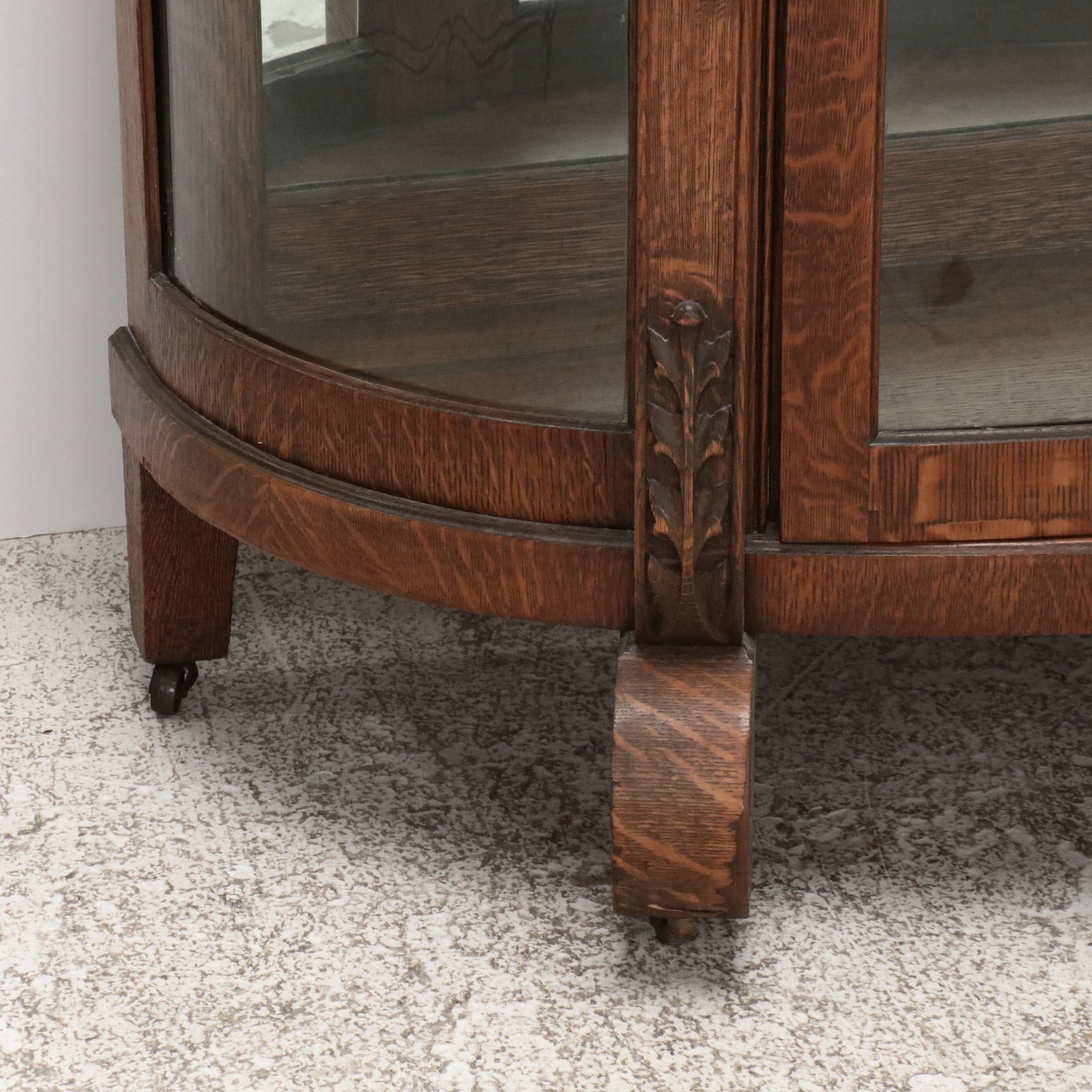American Empire Revival Tiger Oak Bowfront Display Cabinet, Early 20th Century