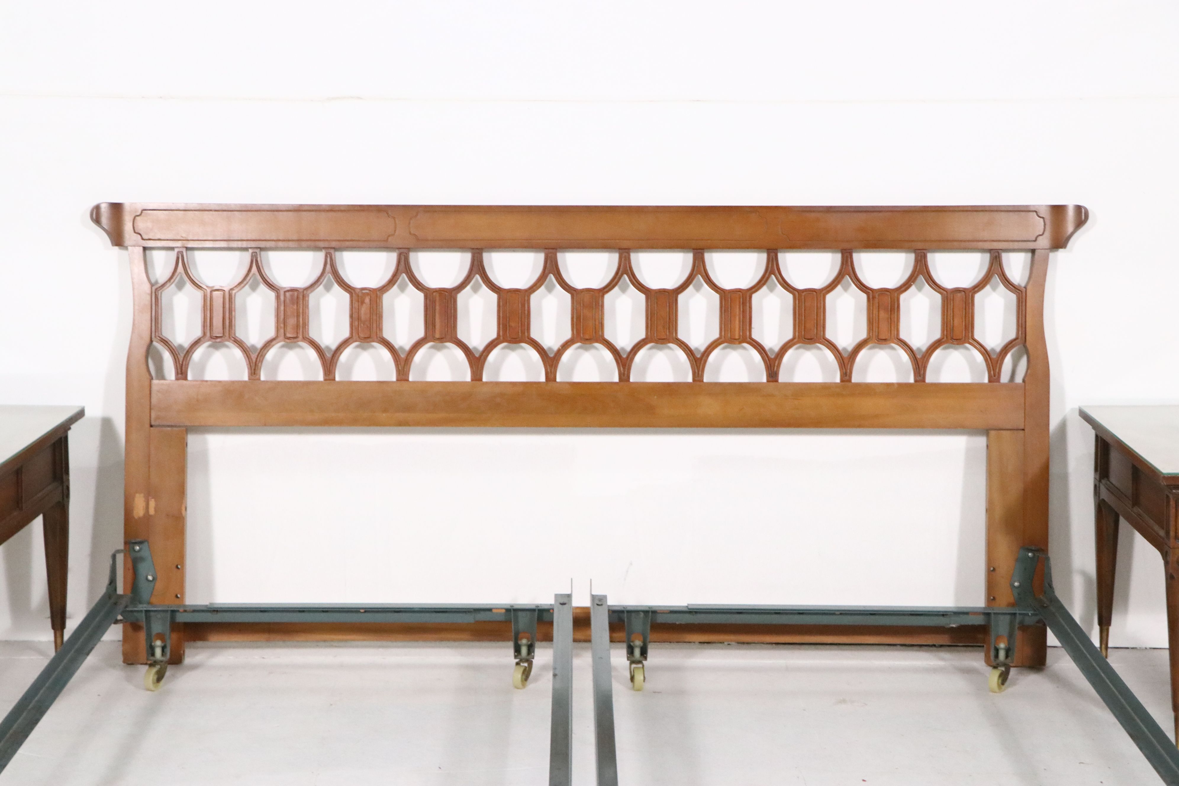 Italian Mid-Century Style Pierced Wood Headboard and Coordinating Nightstands