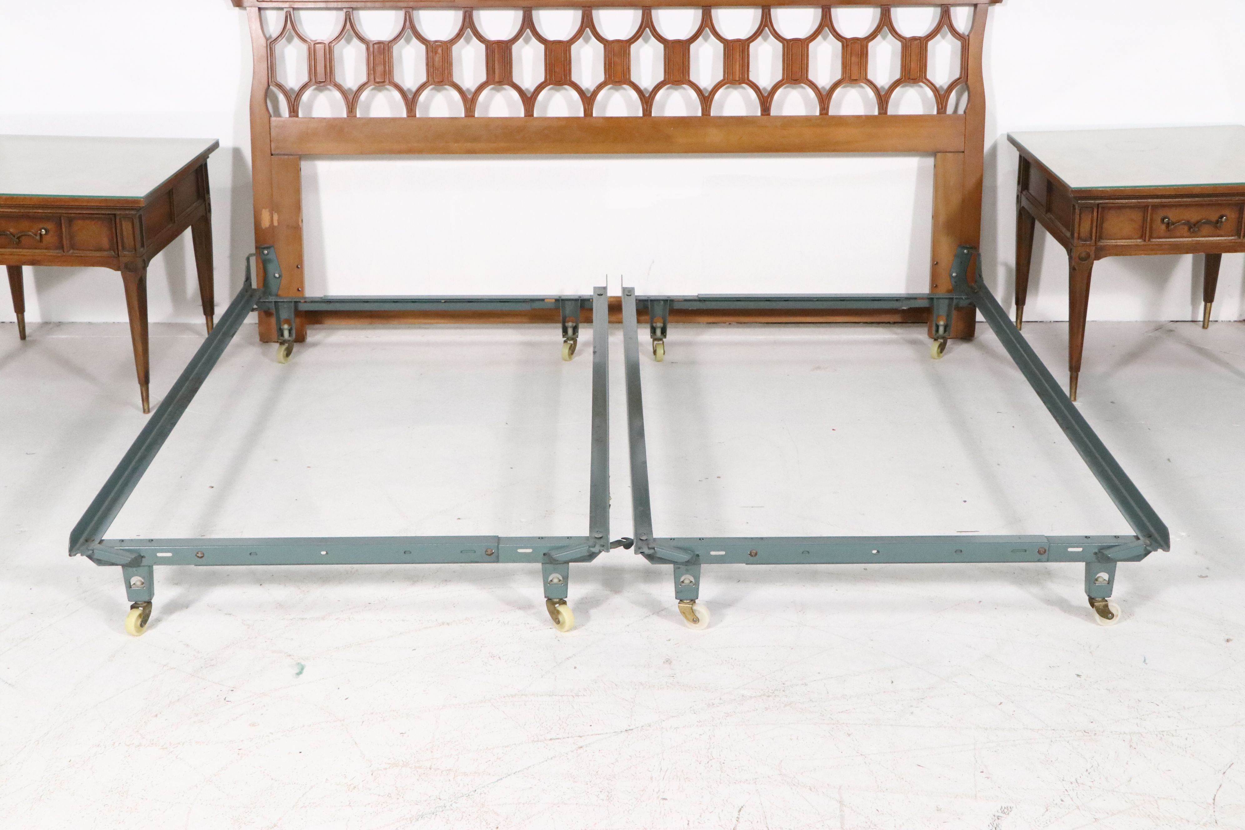 Italian Mid-Century Style Pierced Wood Headboard and Coordinating Nightstands