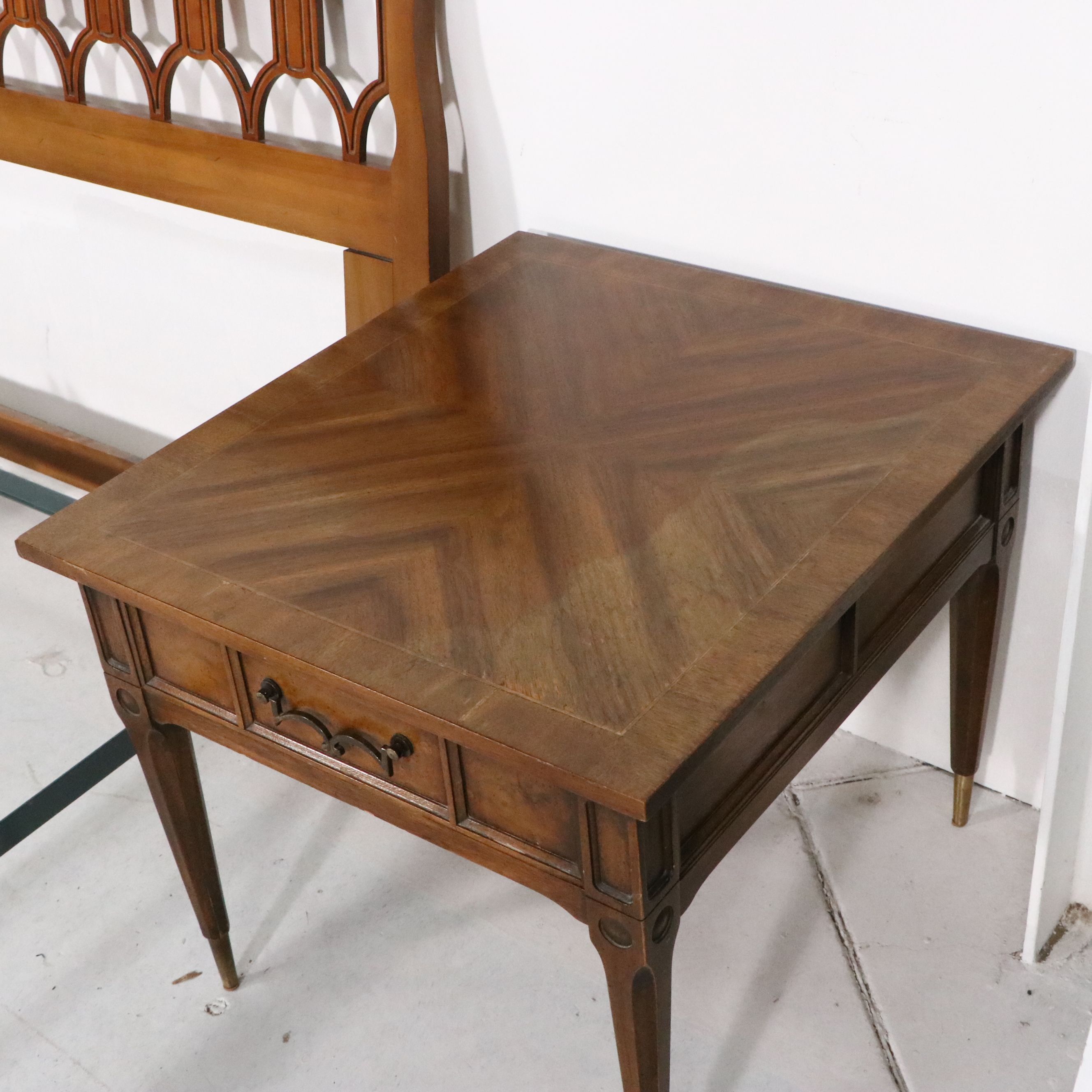 Italian Mid-Century Style Pierced Wood Headboard and Coordinating Nightstands