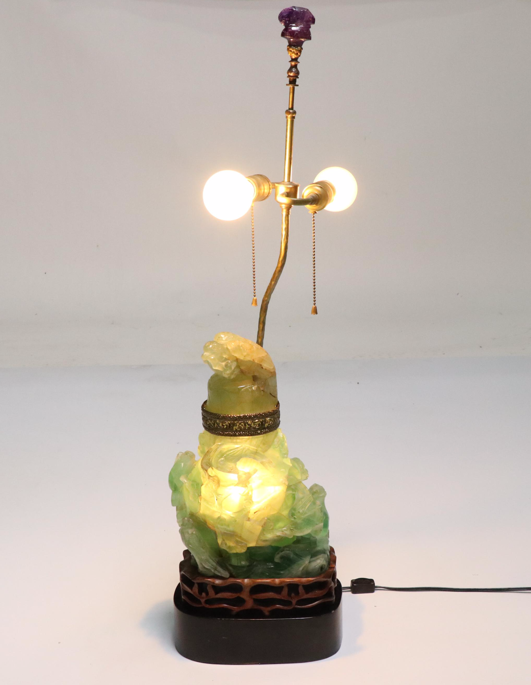 Chinese Hand-Carved Fluorite Censer Table Lamp with Silk Shade