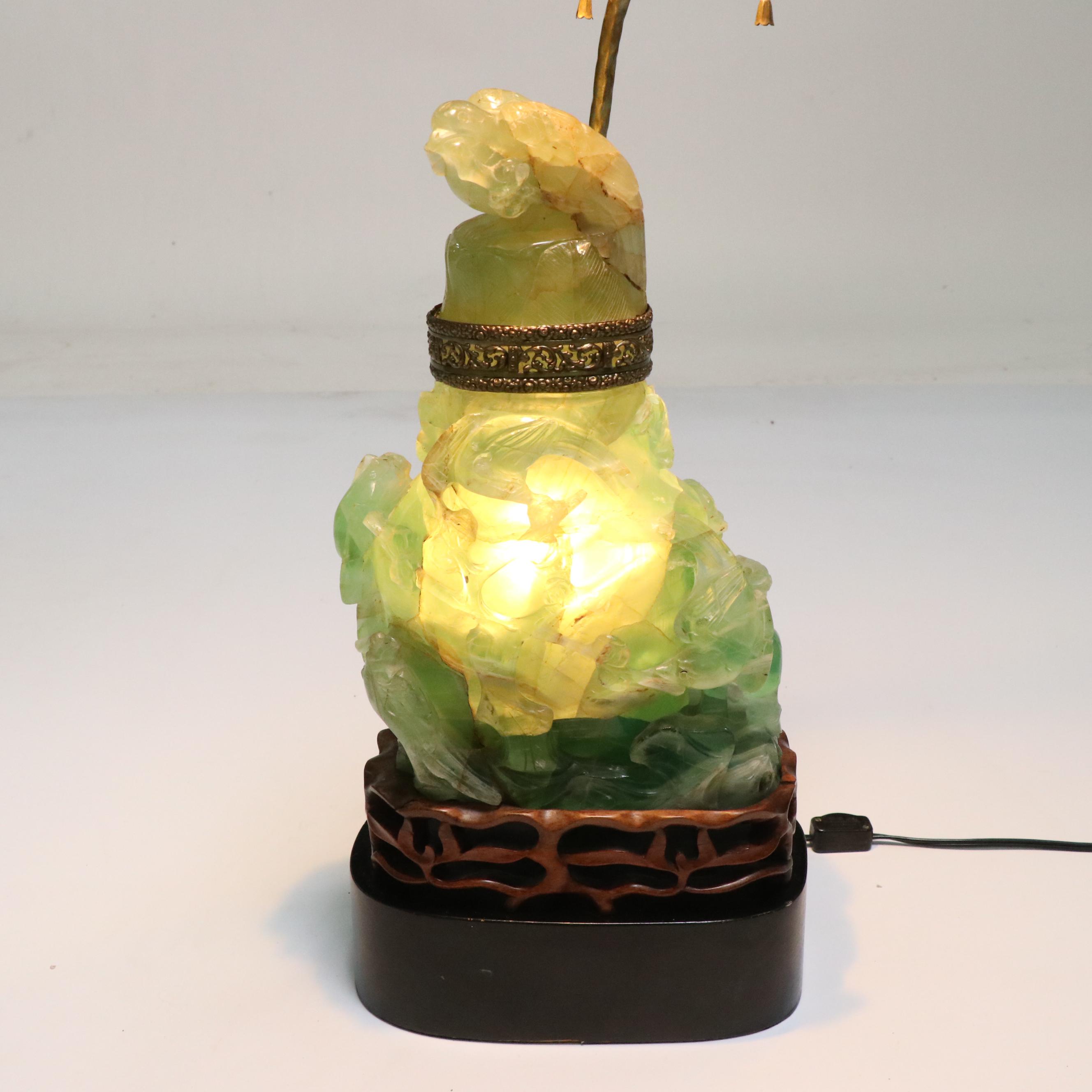 Chinese Hand-Carved Fluorite Censer Table Lamp with Silk Shade
