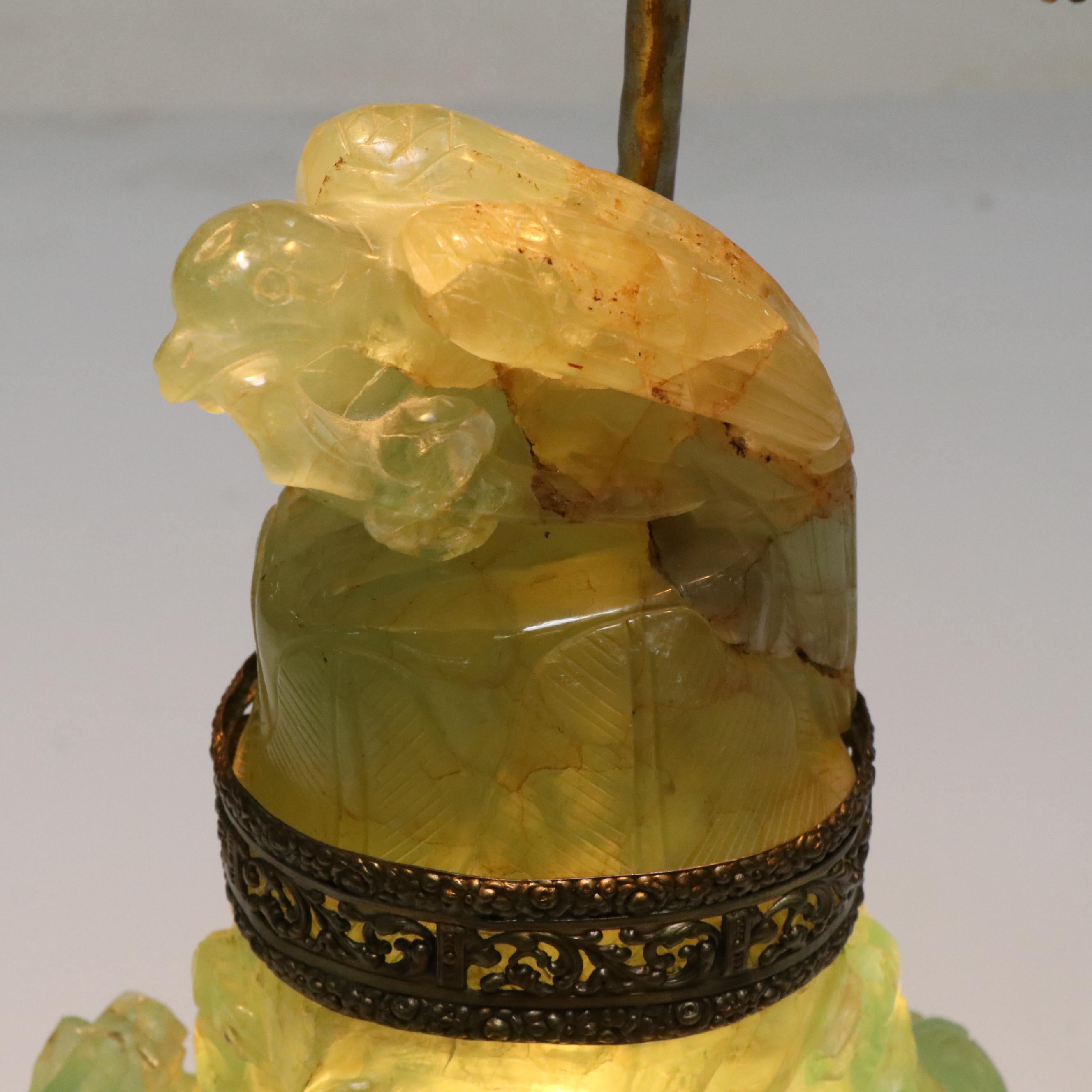 Chinese Hand-Carved Fluorite Censer Table Lamp with Silk Shade