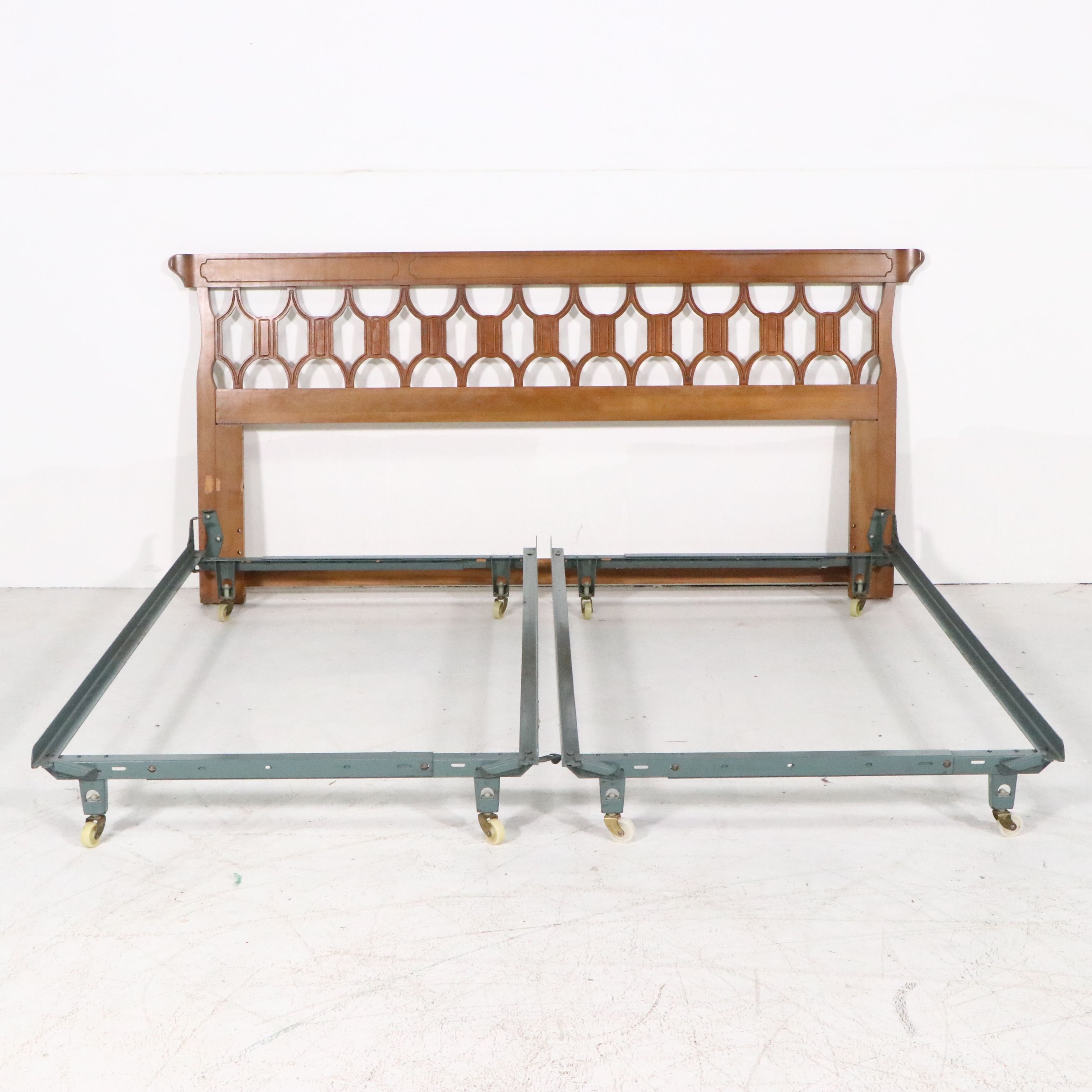 Italian Mid-Century Style Pierced Wood Headboard and Coordinating Nightstands