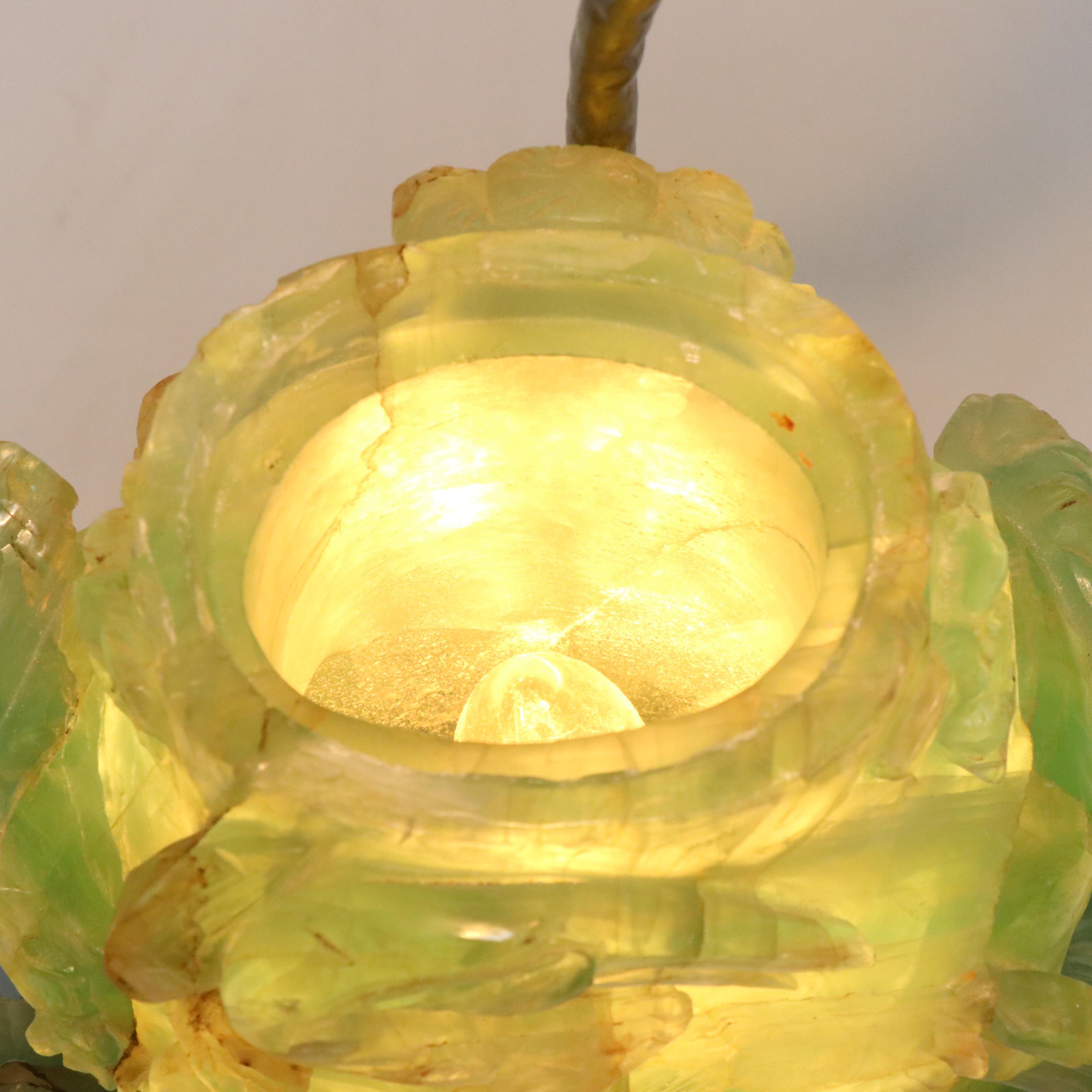 Chinese Hand-Carved Fluorite Censer Table Lamp with Silk Shade