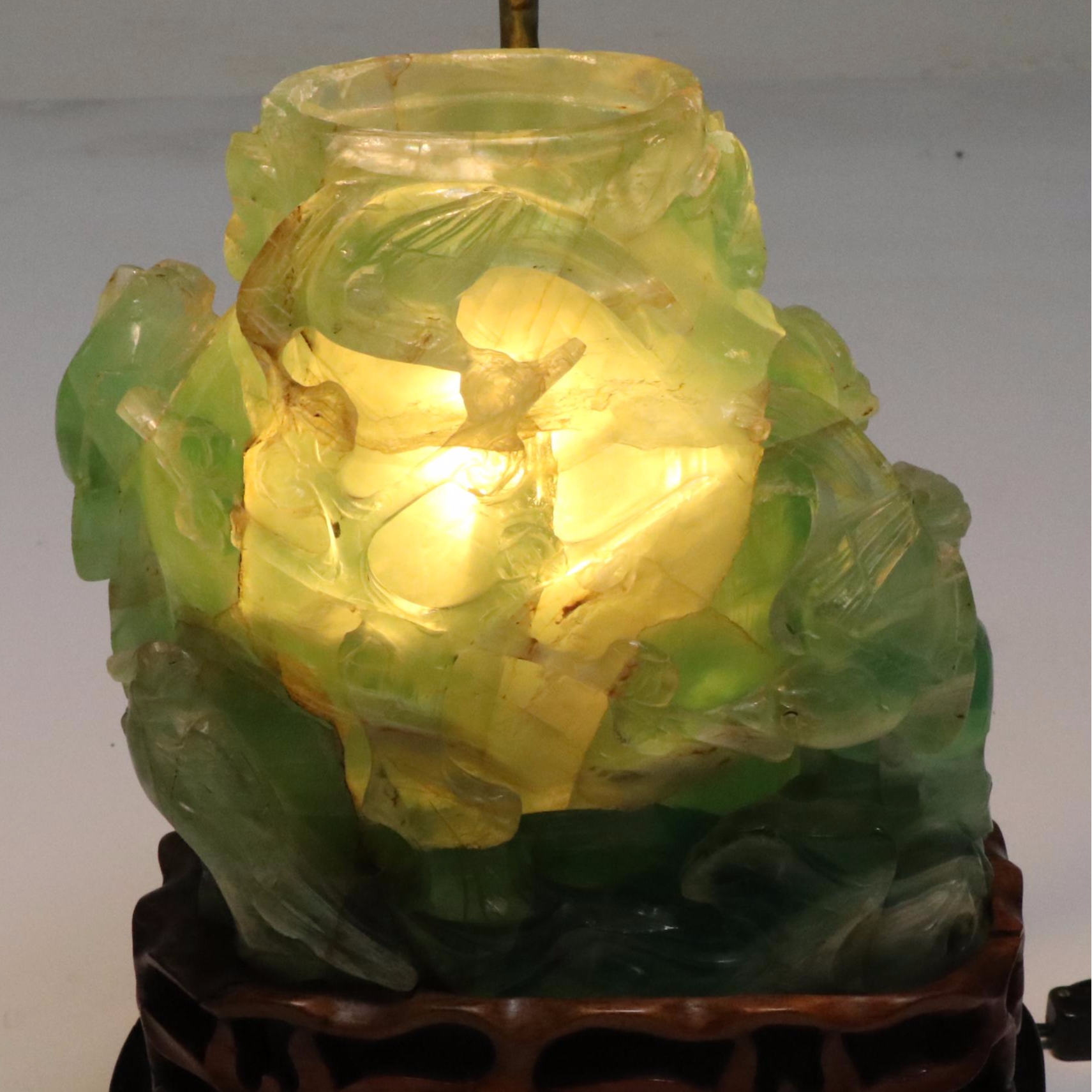 Chinese Hand-Carved Fluorite Censer Table Lamp with Silk Shade