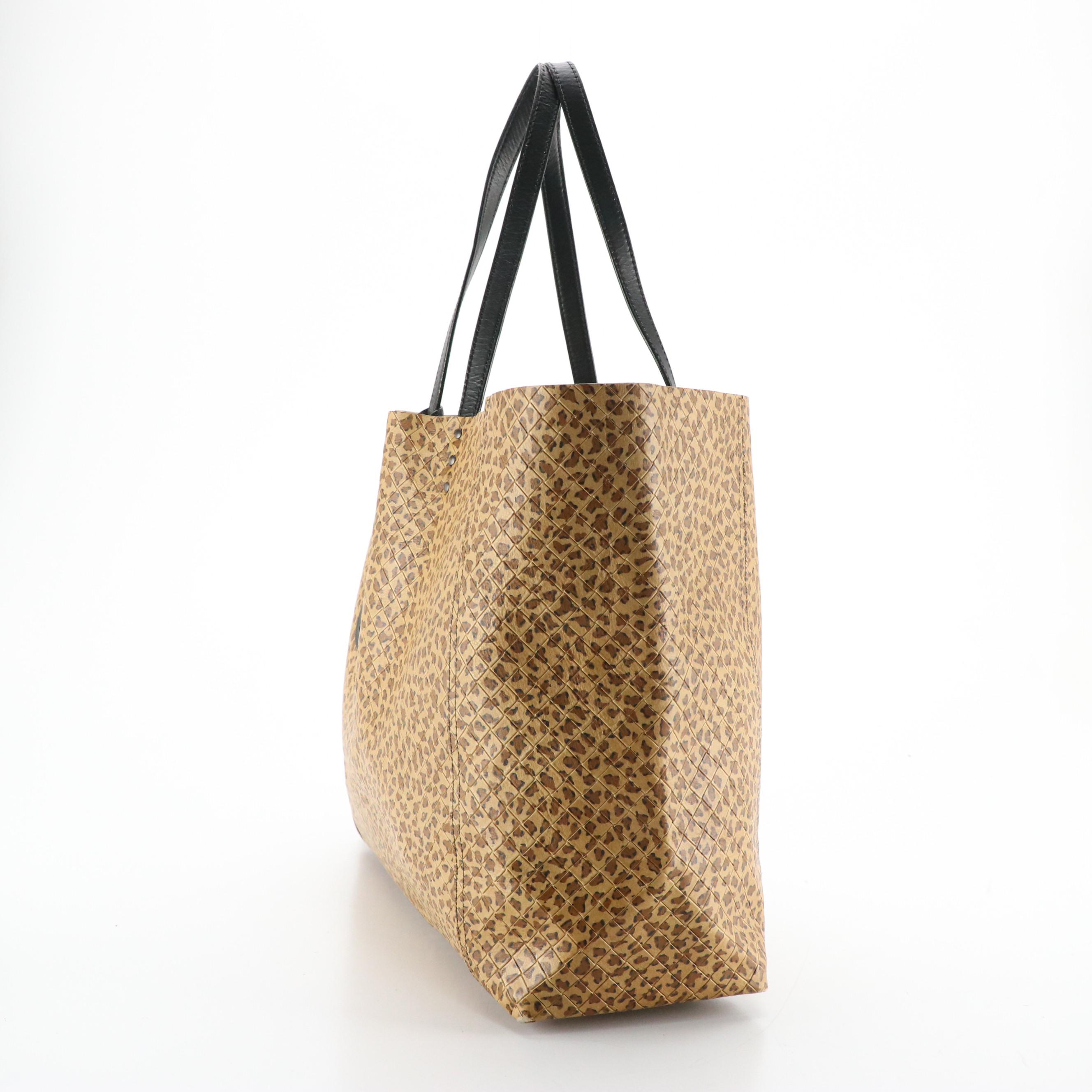 Bottega Veneta Leopard Printed Intrecciomirage Leather Tote with Black Handles