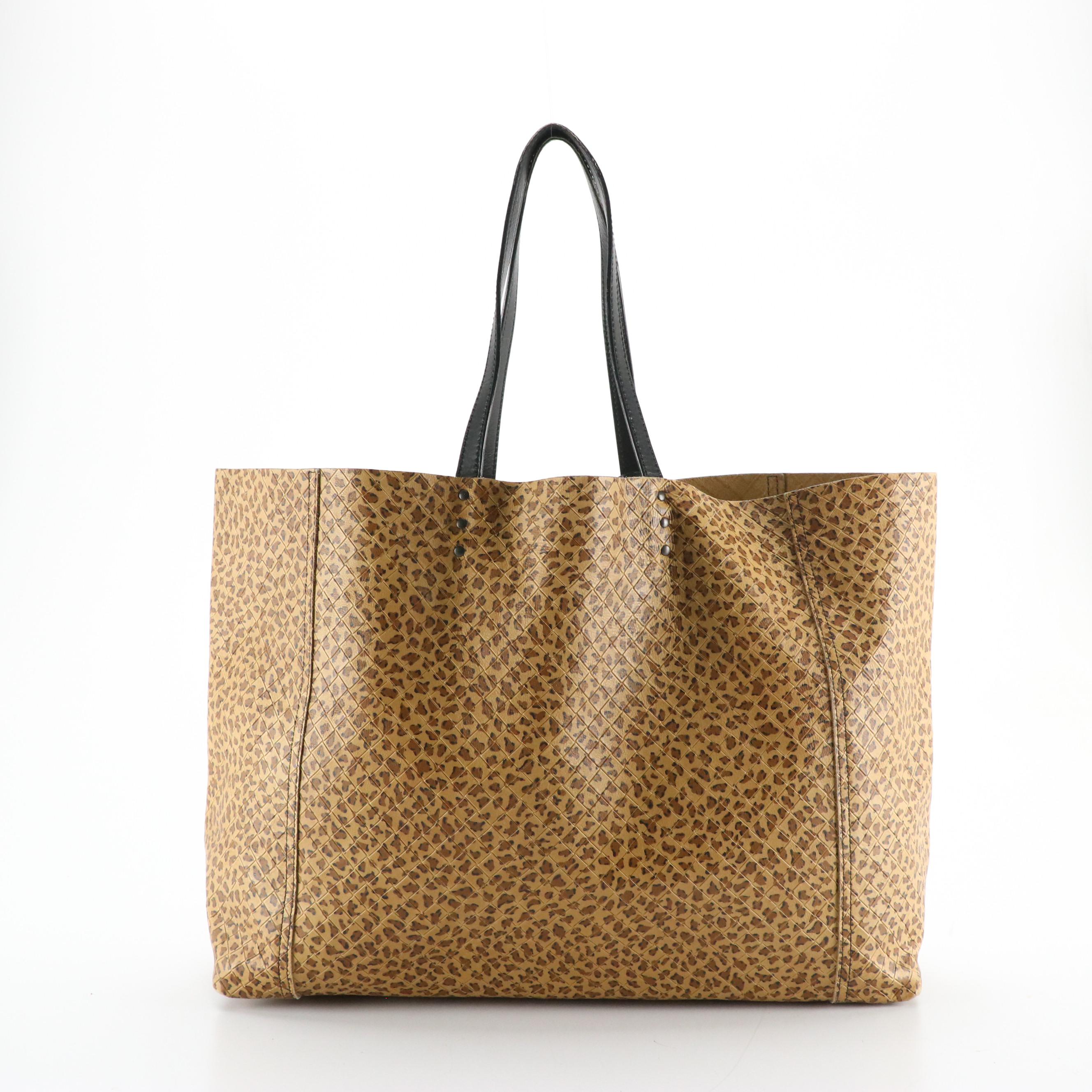 Bottega Veneta Leopard Printed Intrecciomirage Leather Tote with Black Handles