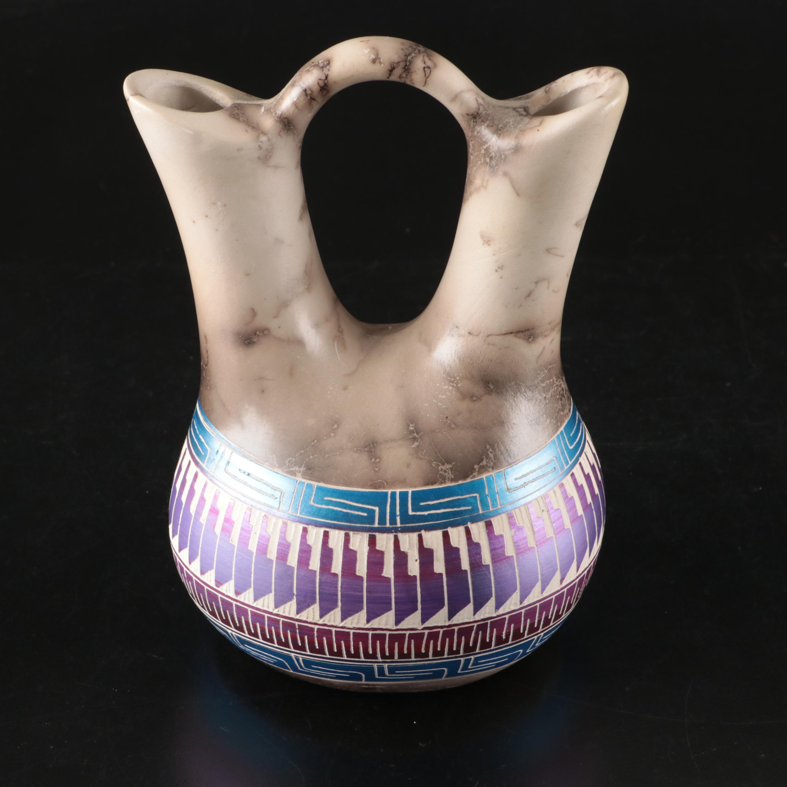 Vanessa Thompson Signed Horse Hair Raku Navajo Wedding Vase
