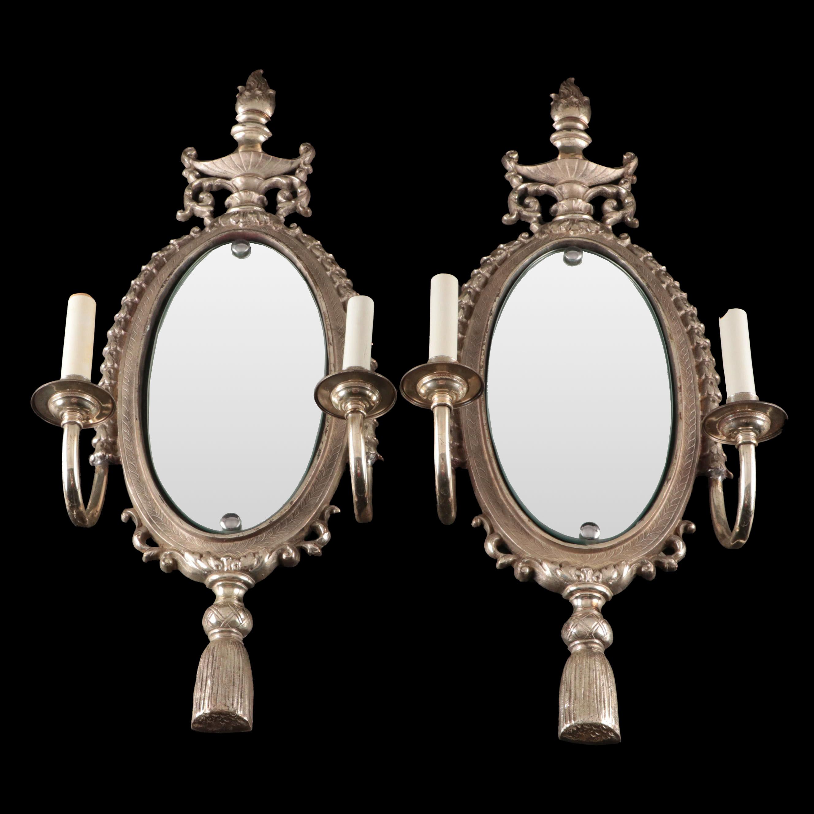 Pair of Empire Style Silver Finish Mirrored Dual-Arm Wall Sconces