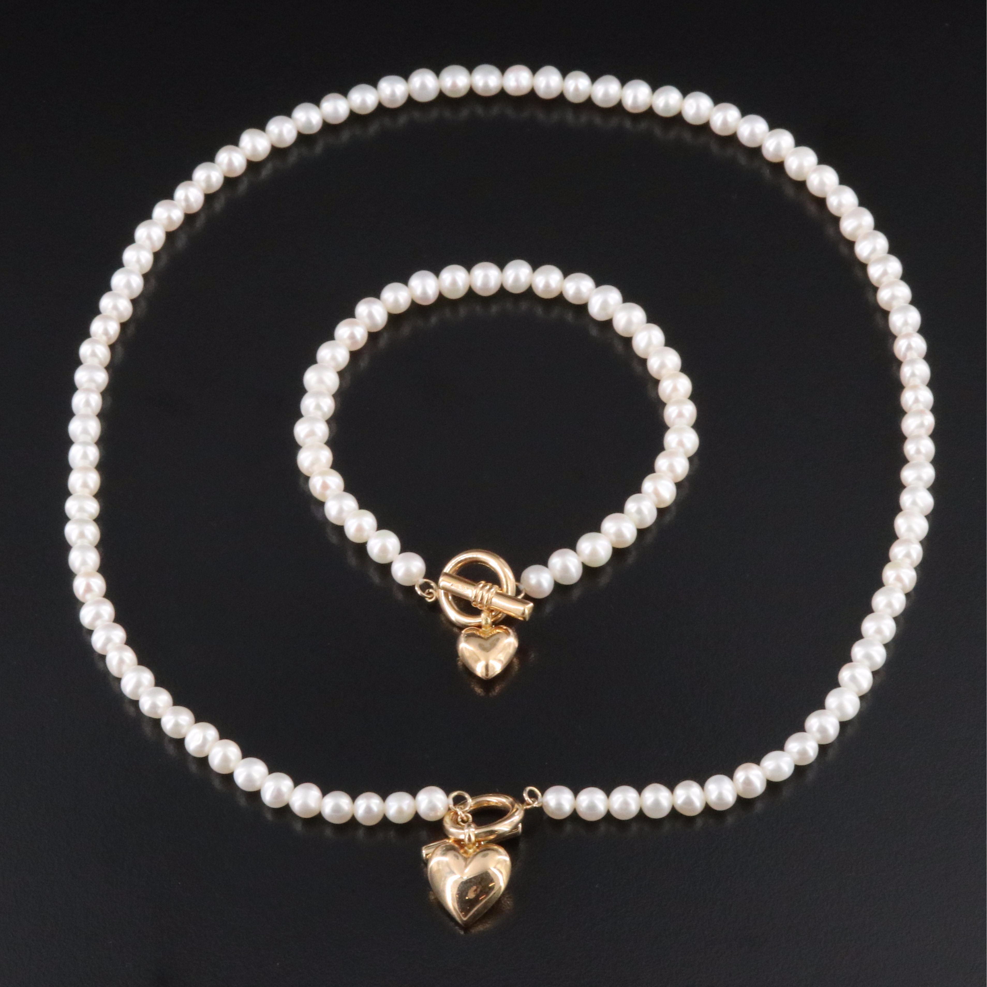 14K Pearl Toggle Heart Charm Necklace and Bracelet