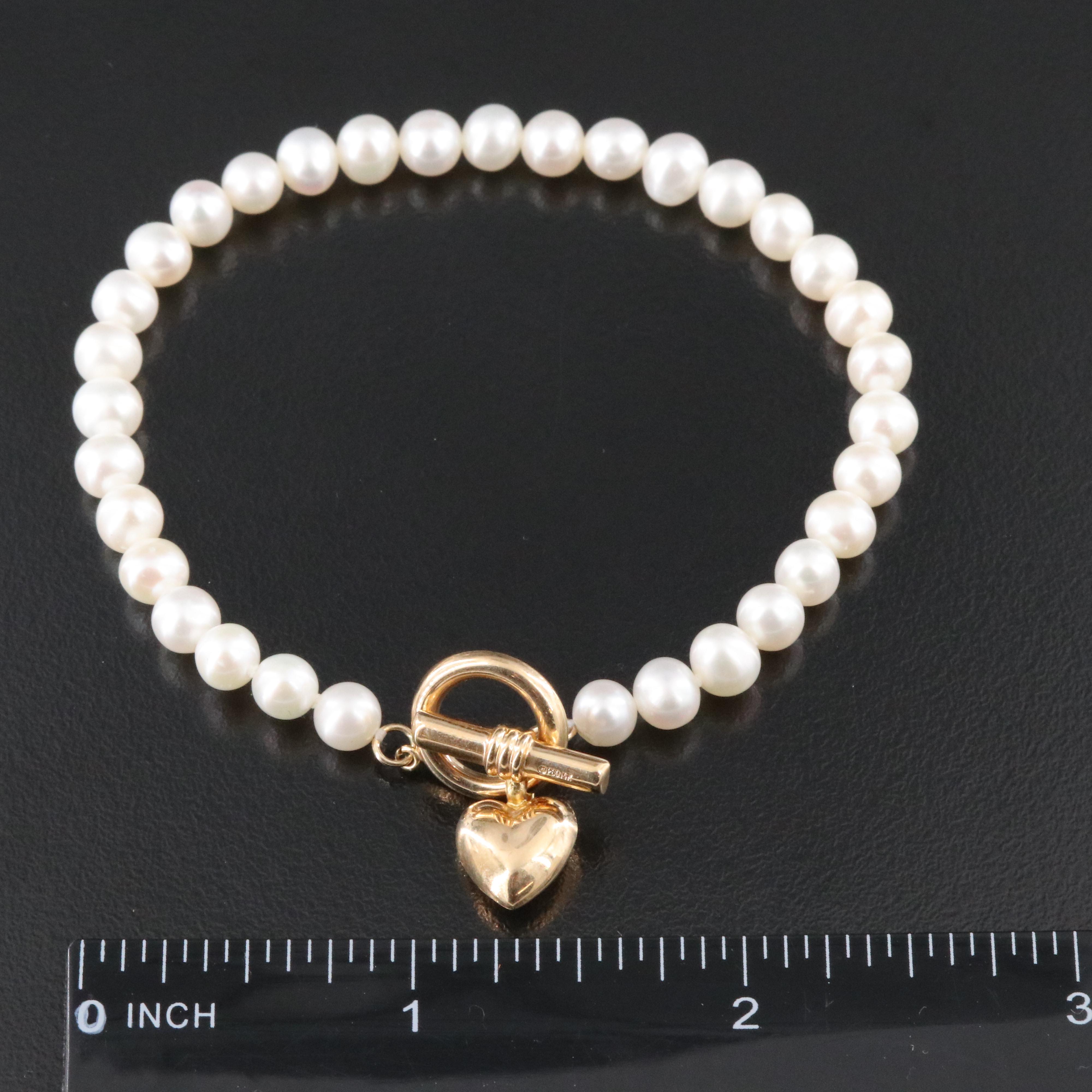 14K Pearl Toggle Heart Charm Necklace and Bracelet