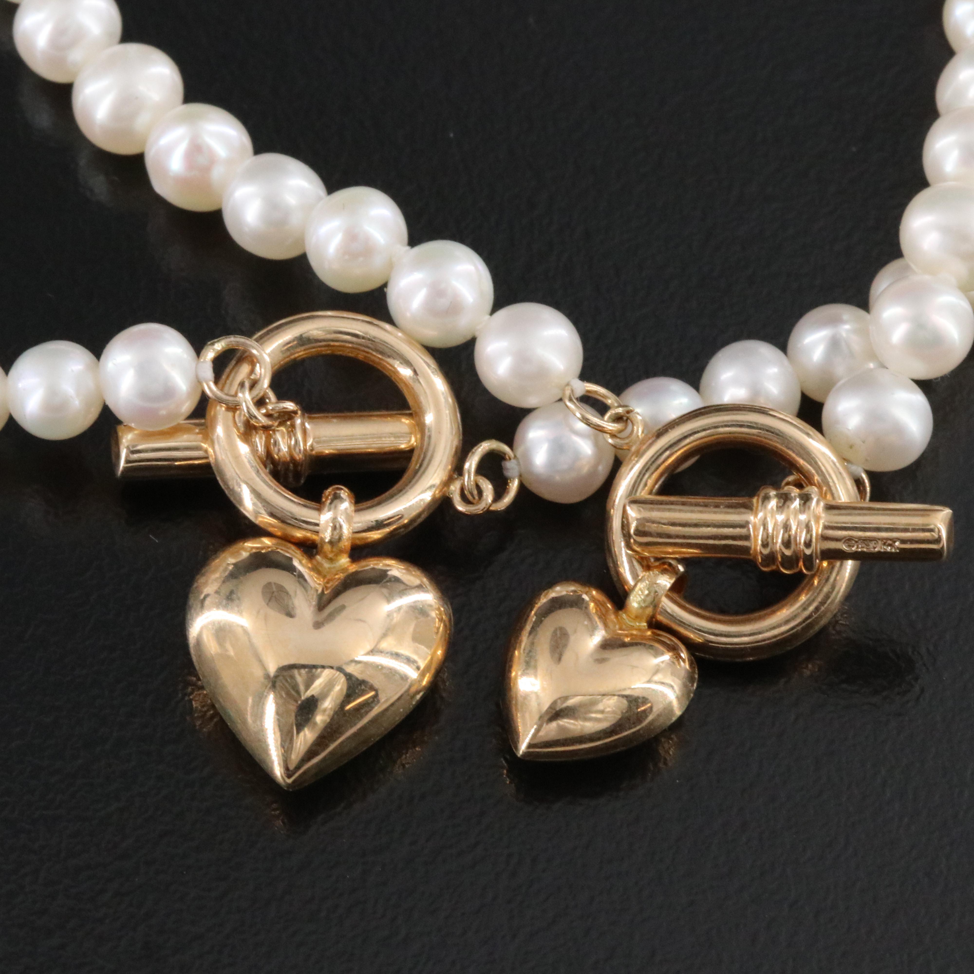 14K Pearl Toggle Heart Charm Necklace and Bracelet