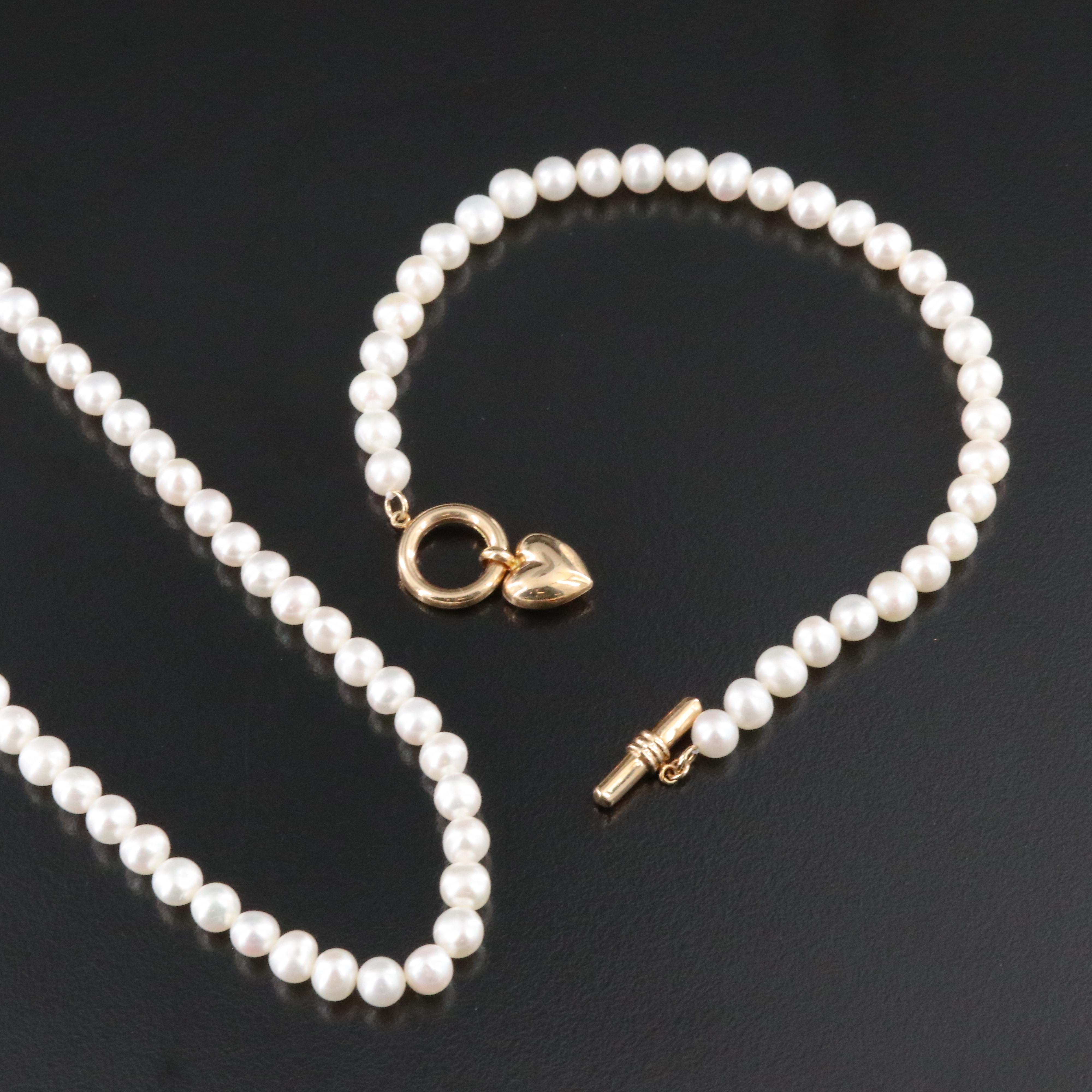 14K Pearl Toggle Heart Charm Necklace and Bracelet