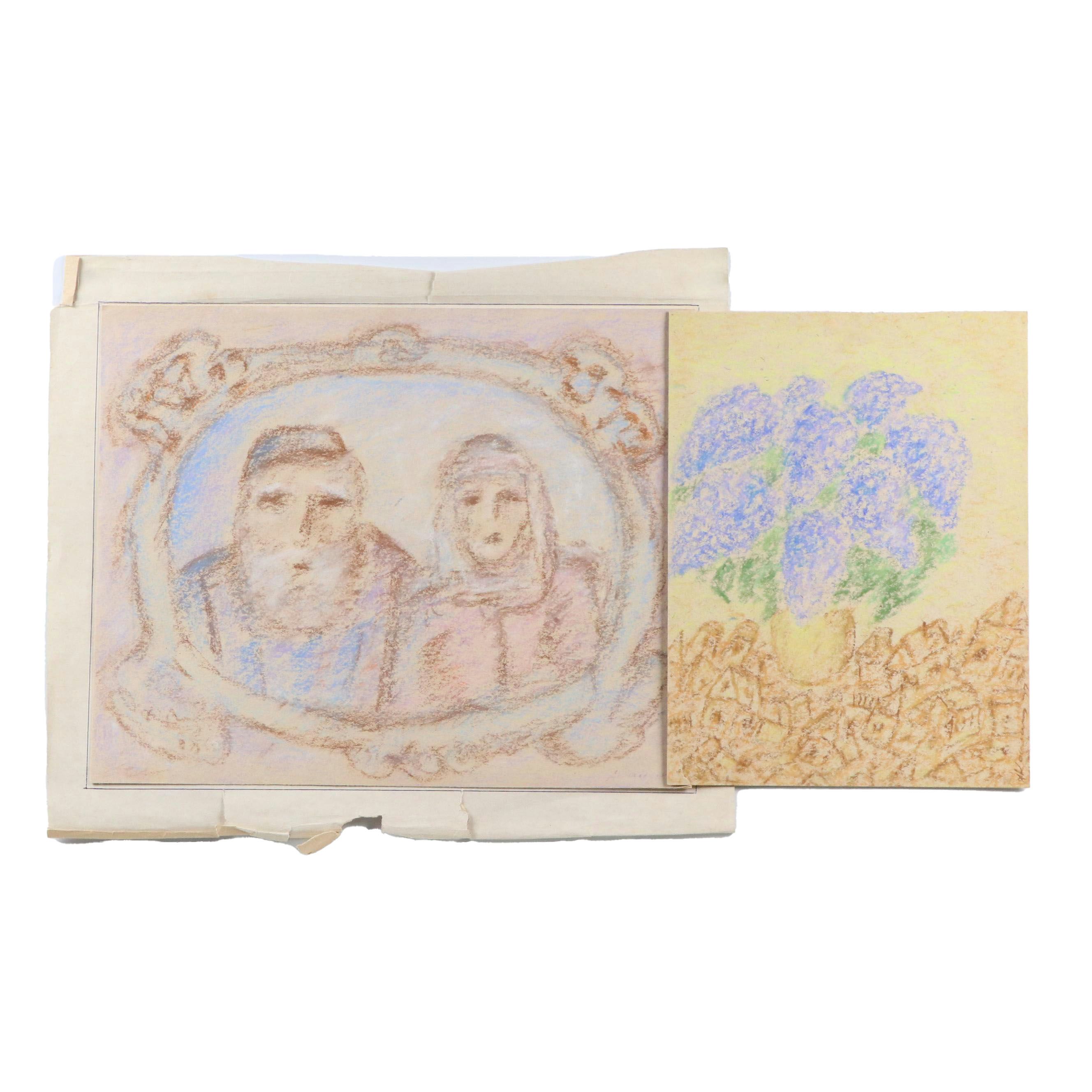 Anatoli Kaplan Oil Pastel Drawings of Portrait and Floral Still Life, 1977