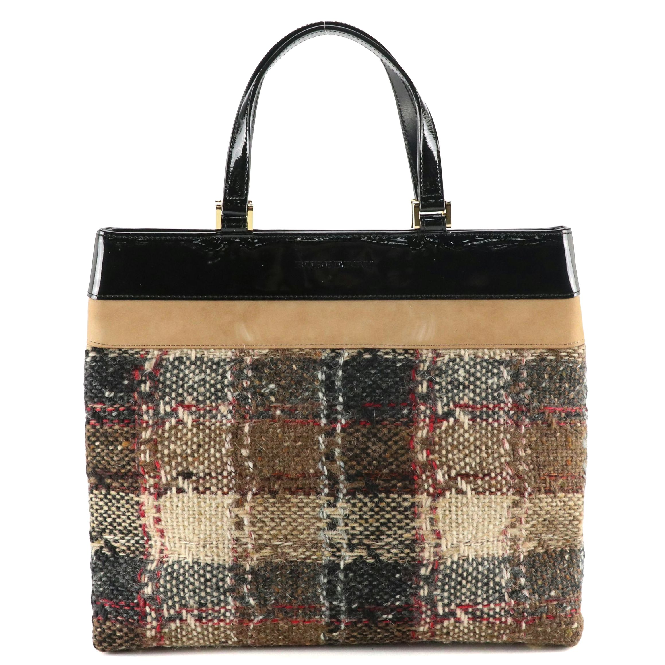 Burberry Plaid Tweed, Black Patent and Brown Leather Accented Tote