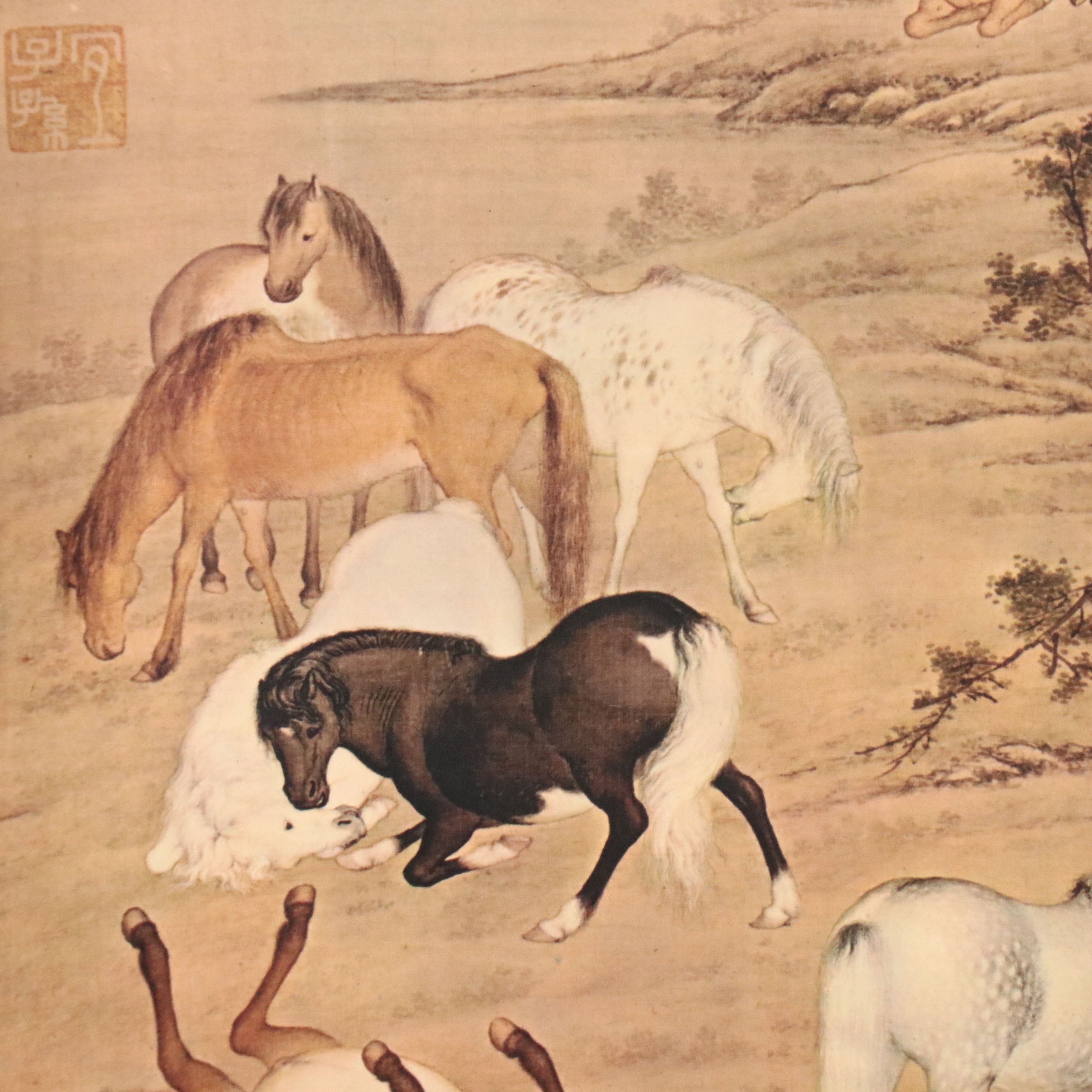 Hanging Scroll Offset Lithograph After Giuseppe Castiglione's "Eight Horses"