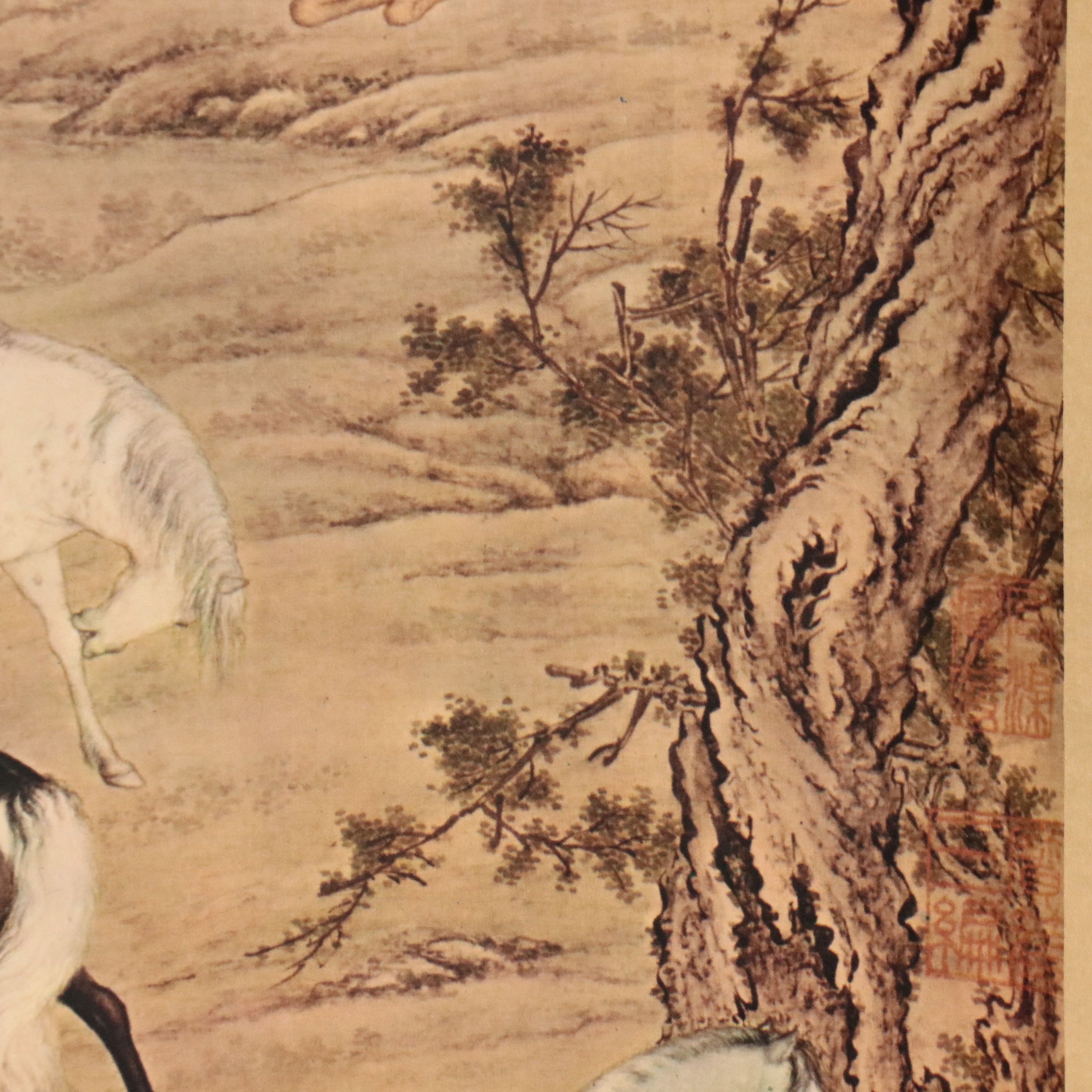 Hanging Scroll Offset Lithograph After Giuseppe Castiglione's "Eight Horses"