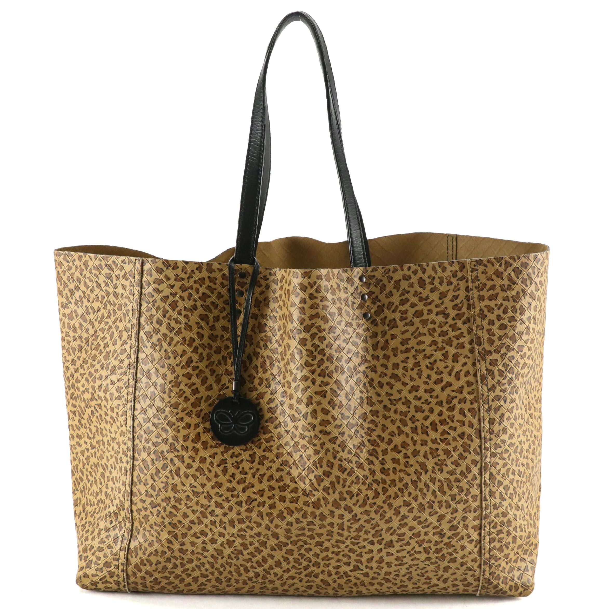 Bottega Veneta Leopard Printed Intrecciomirage Leather Tote with Black Handles