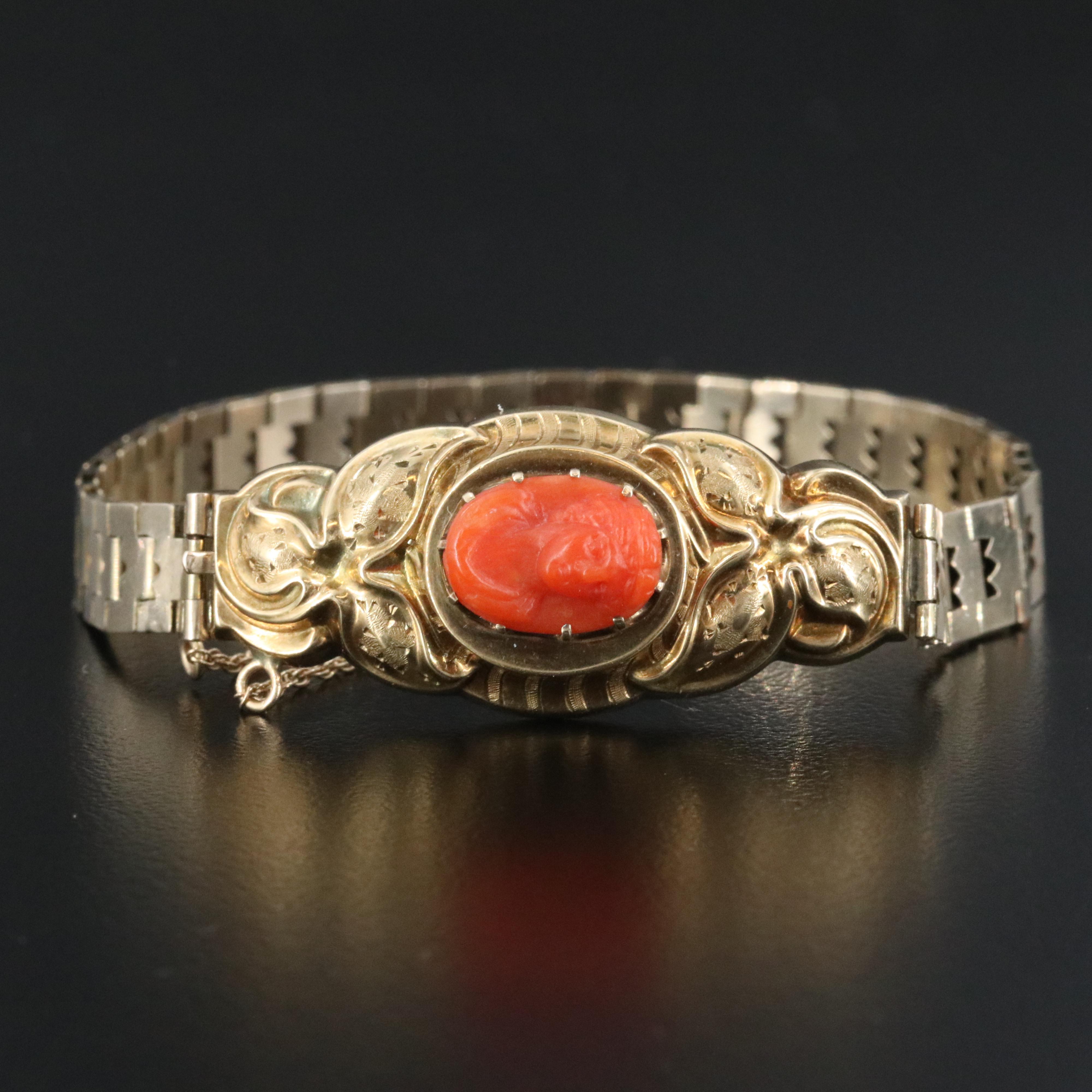 Victorian 10K Coral Cameo Book Chain Bracelet