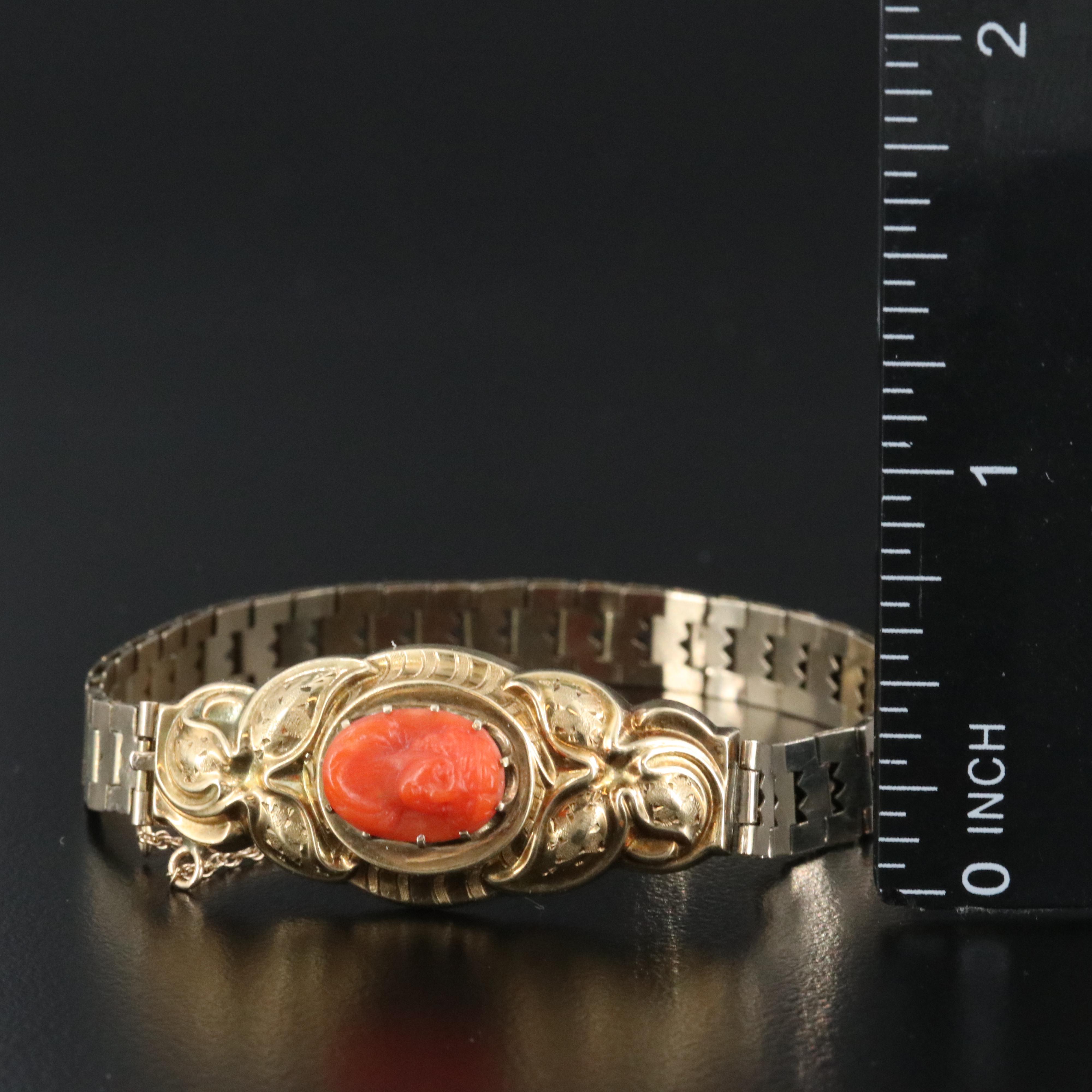 Victorian 10K Coral Cameo Book Chain Bracelet
