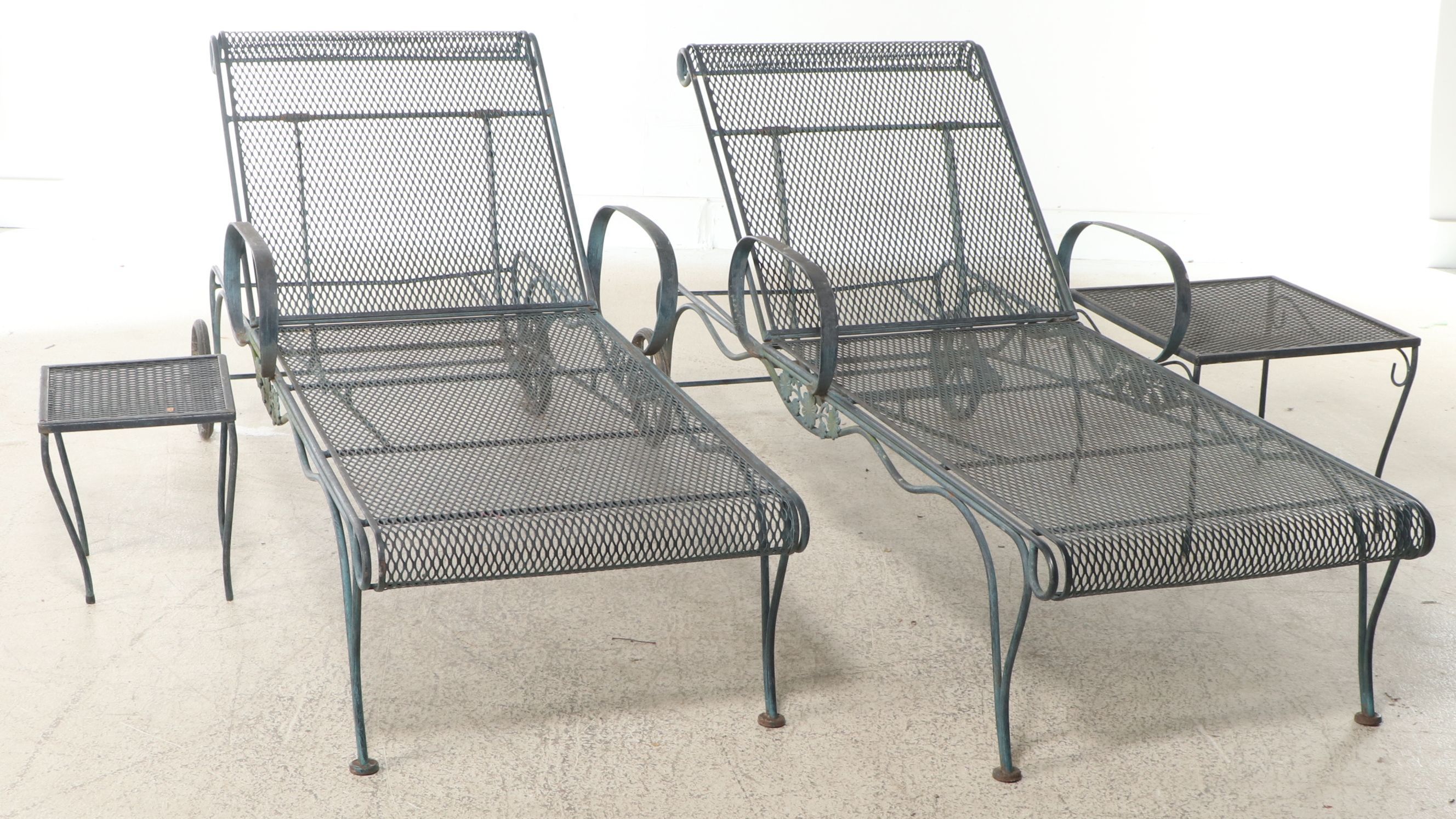 Pair of Wrought Iron Patio Chaise Lounges and Accent Tables