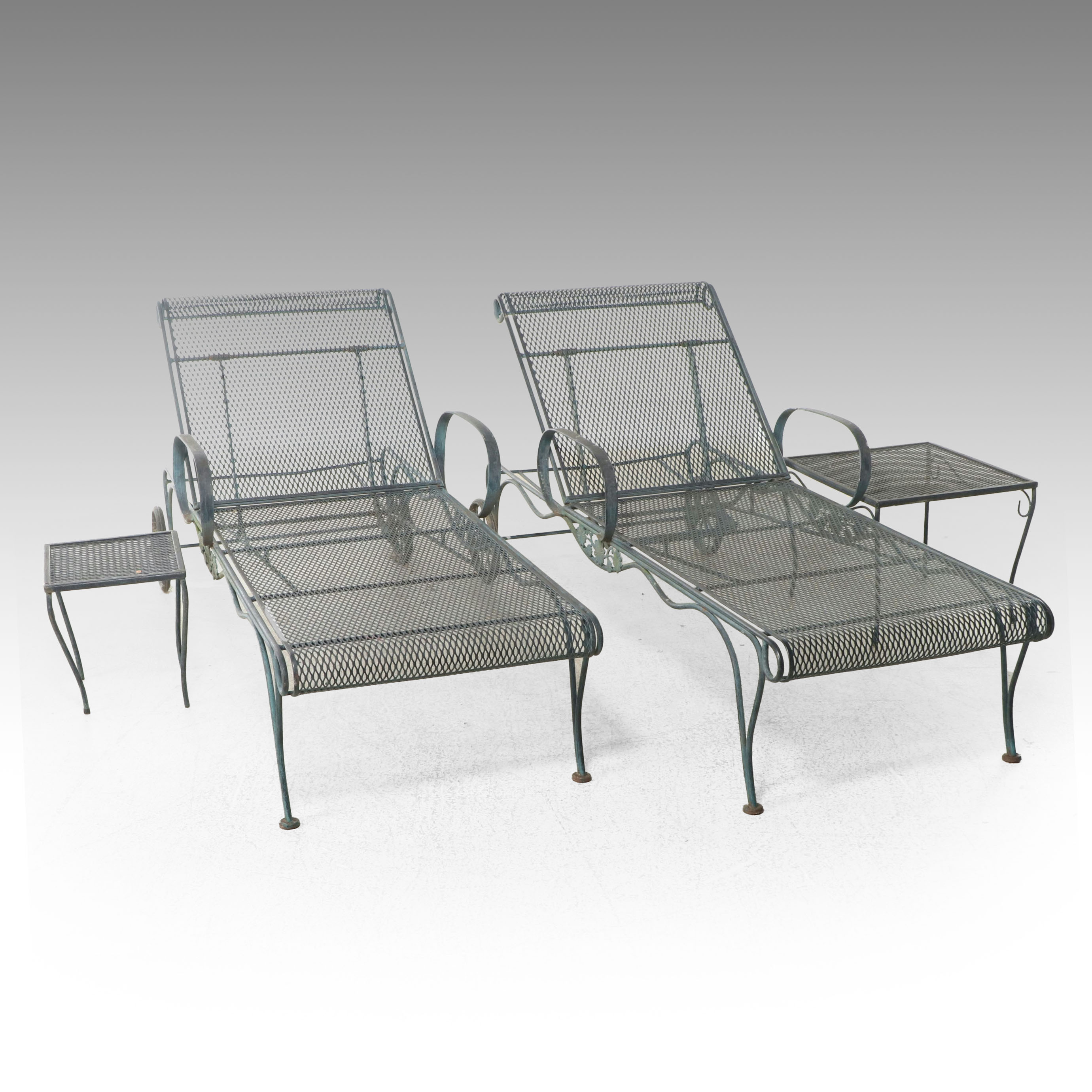 Pair of Wrought Iron Patio Chaise Lounges and Accent Tables