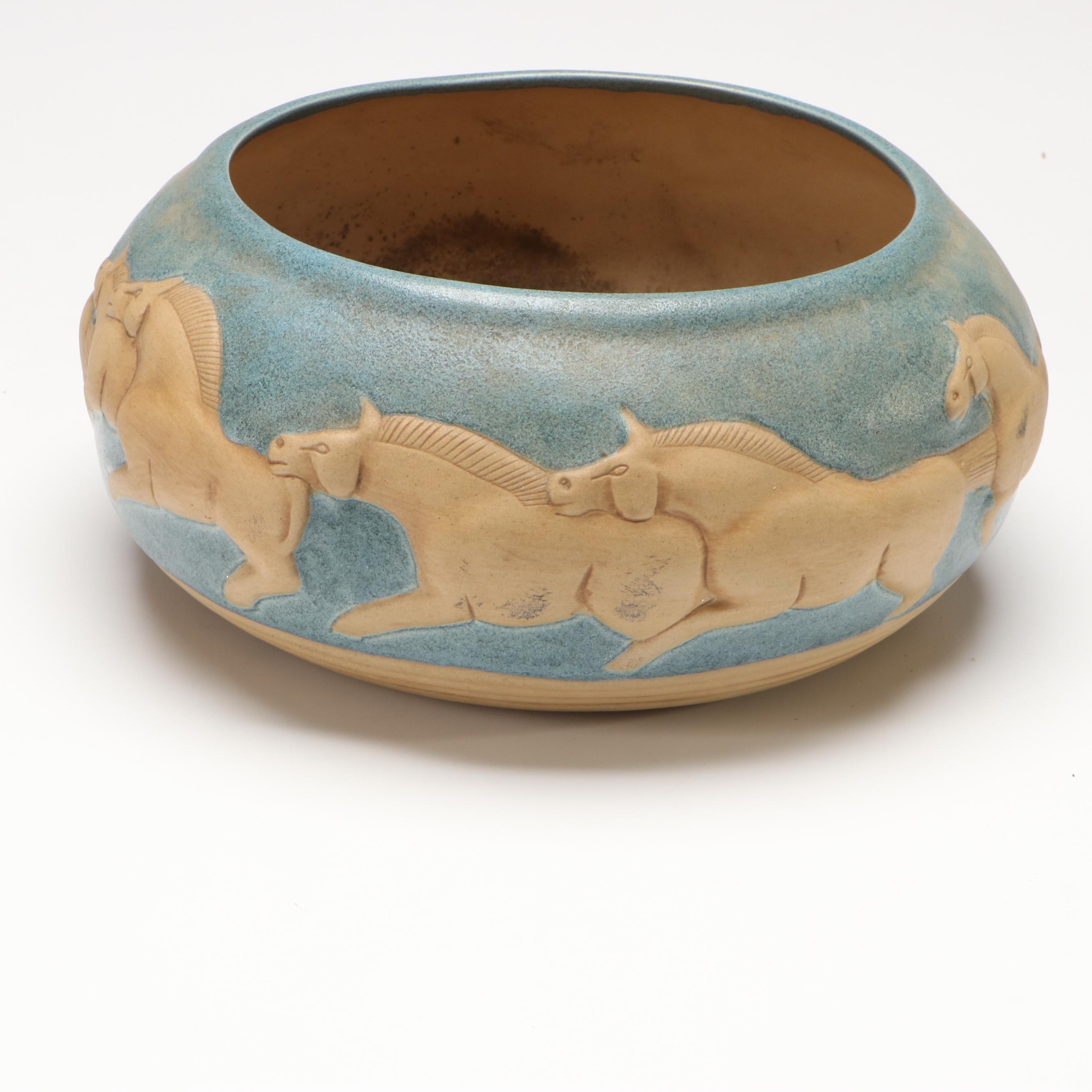 Jack Black Navajo Diné Ceramic Running Horses Low Relief Console Bowl, 1984