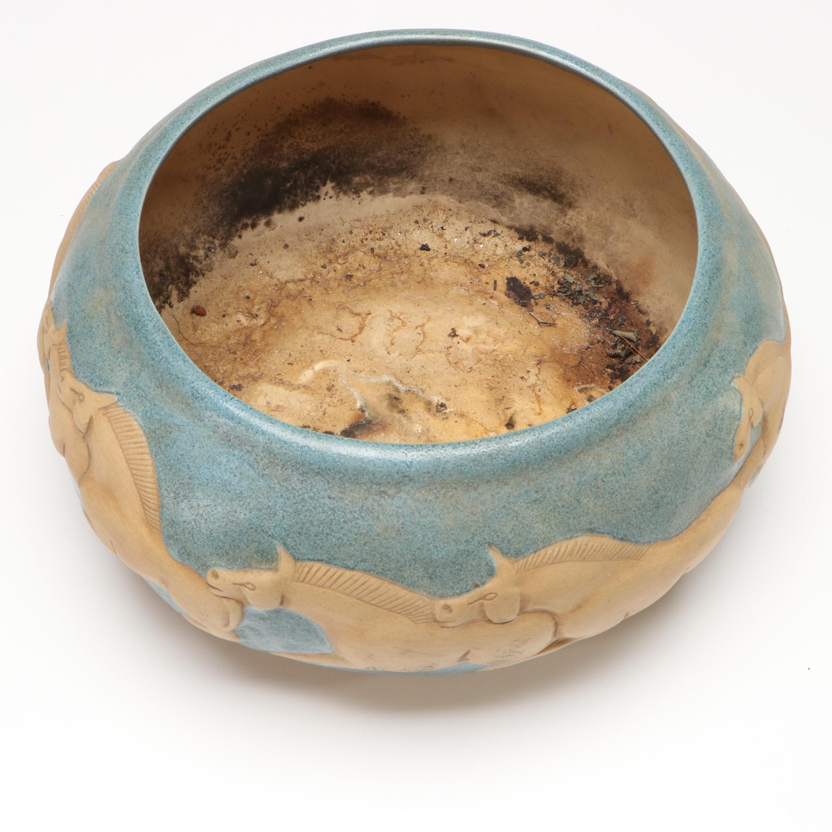 Jack Black Navajo Diné Ceramic Running Horses Low Relief Console Bowl, 1984