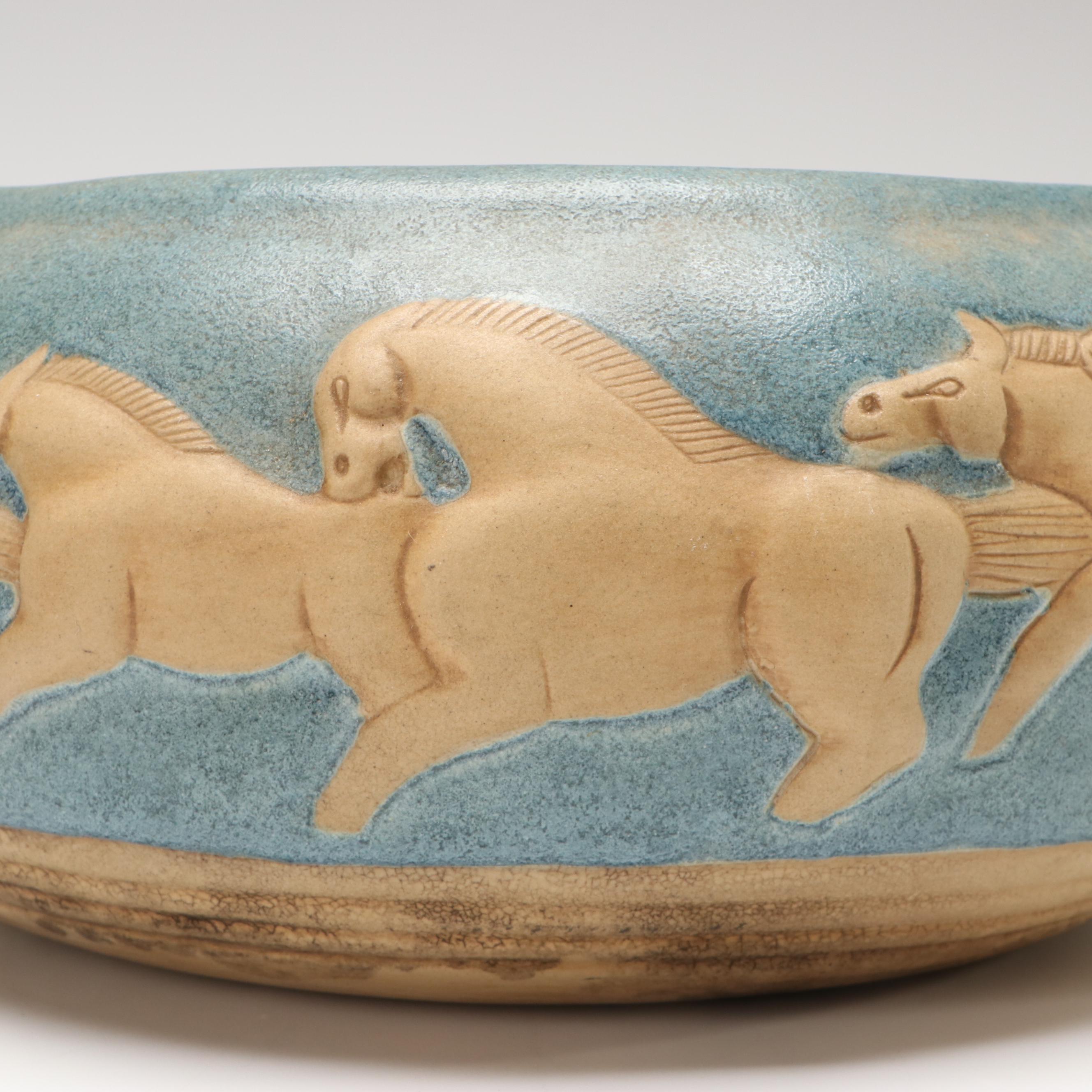 Jack Black Navajo Diné Ceramic Running Horses Low Relief Console Bowl, 1984