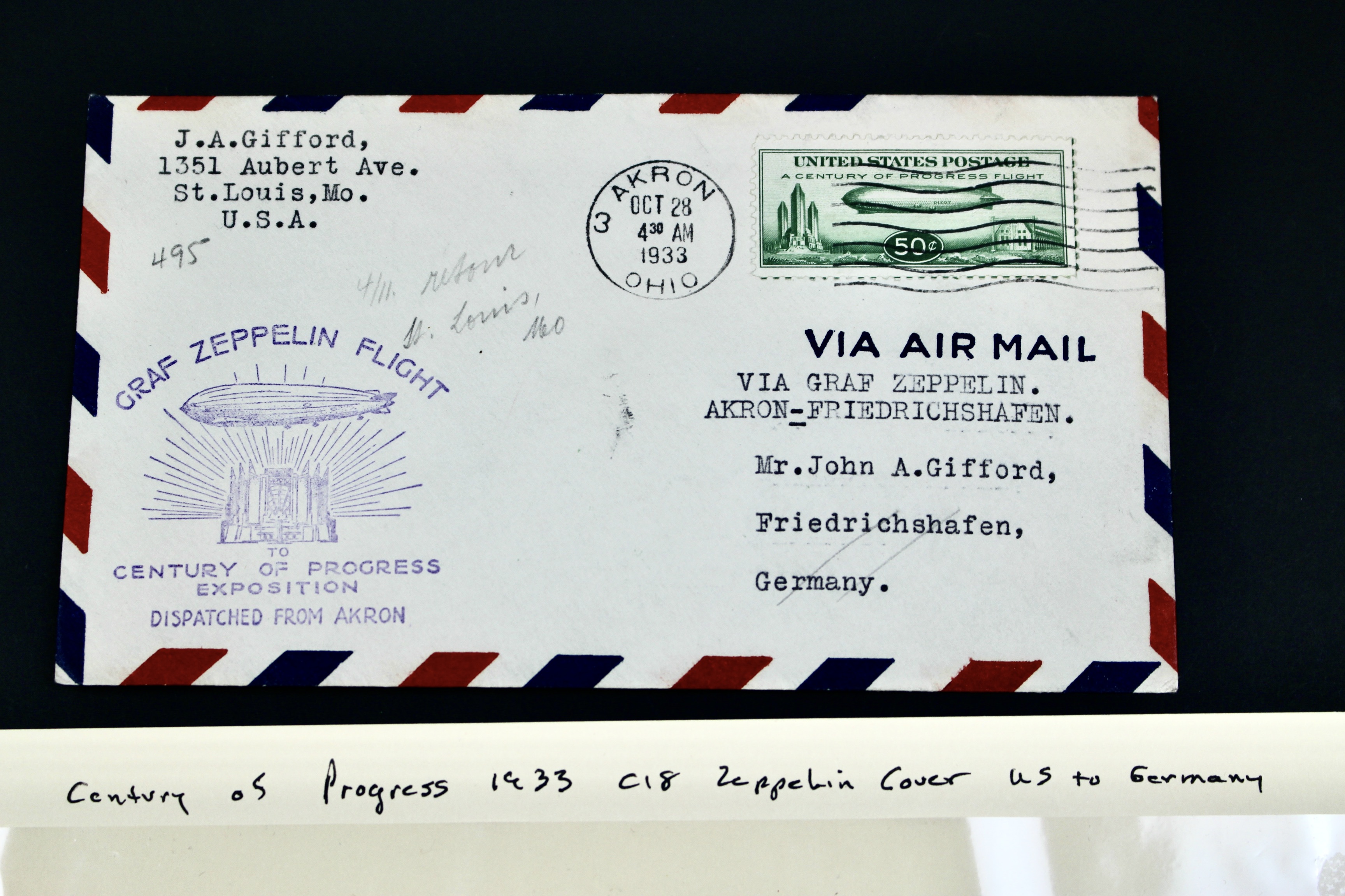 1933 Century of Progress Graf Zeppelin Postal Cover, Includes C18 Airmail Stamp