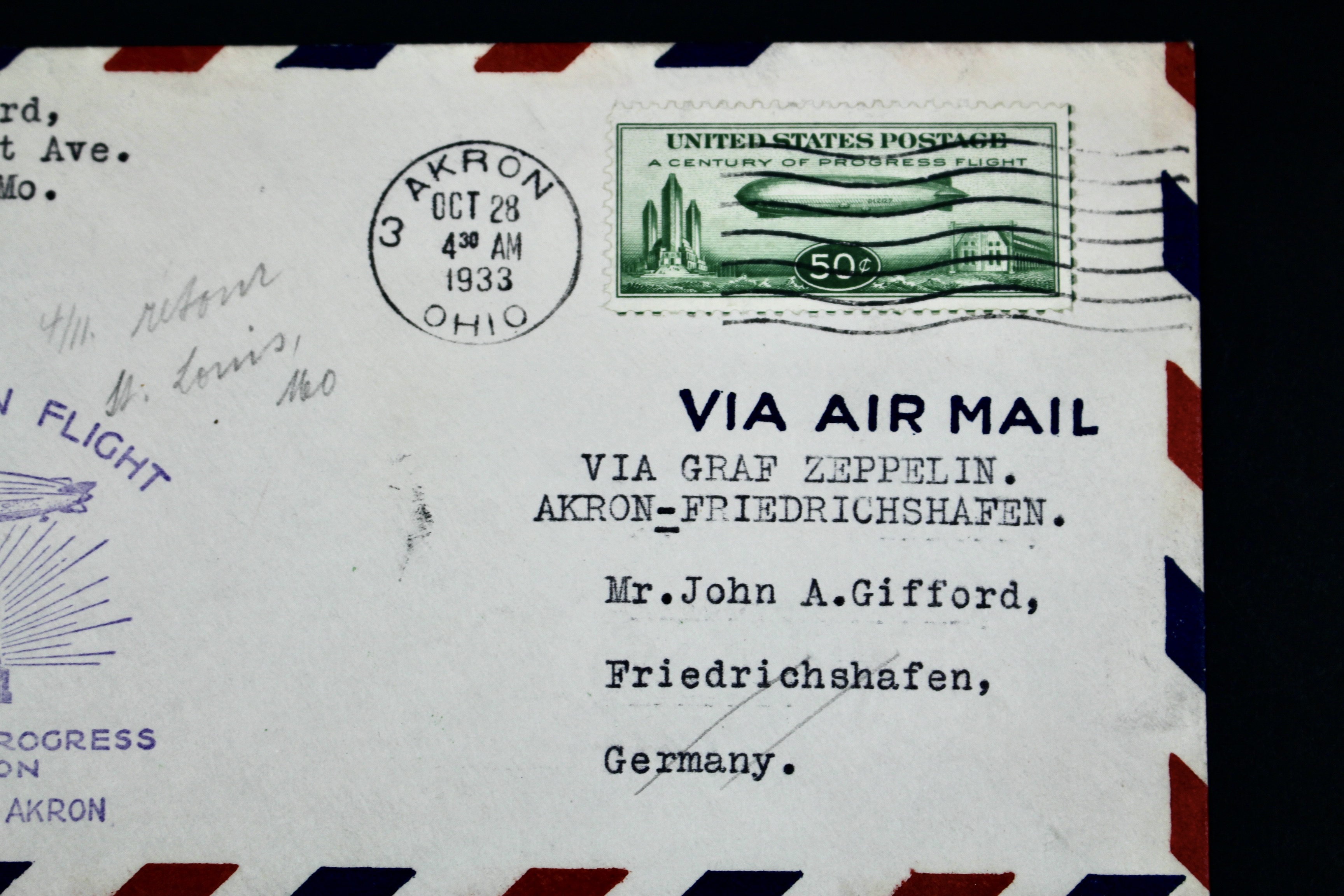 1933 Century of Progress Graf Zeppelin Postal Cover, Includes C18 Airmail Stamp