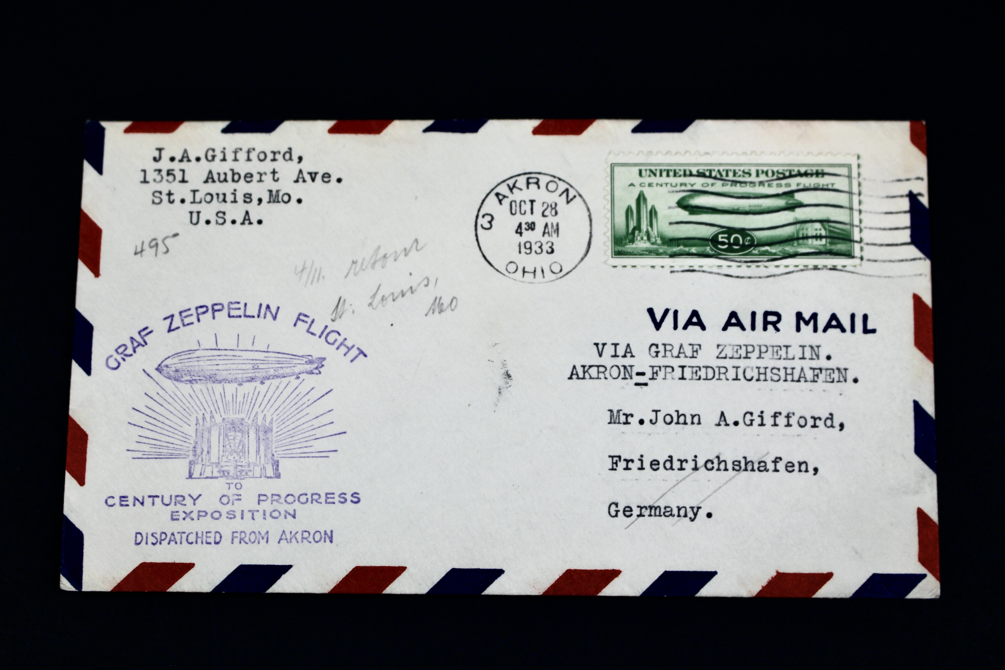 1933 Century of Progress Graf Zeppelin Postal Cover, Includes C18 Airmail Stamp