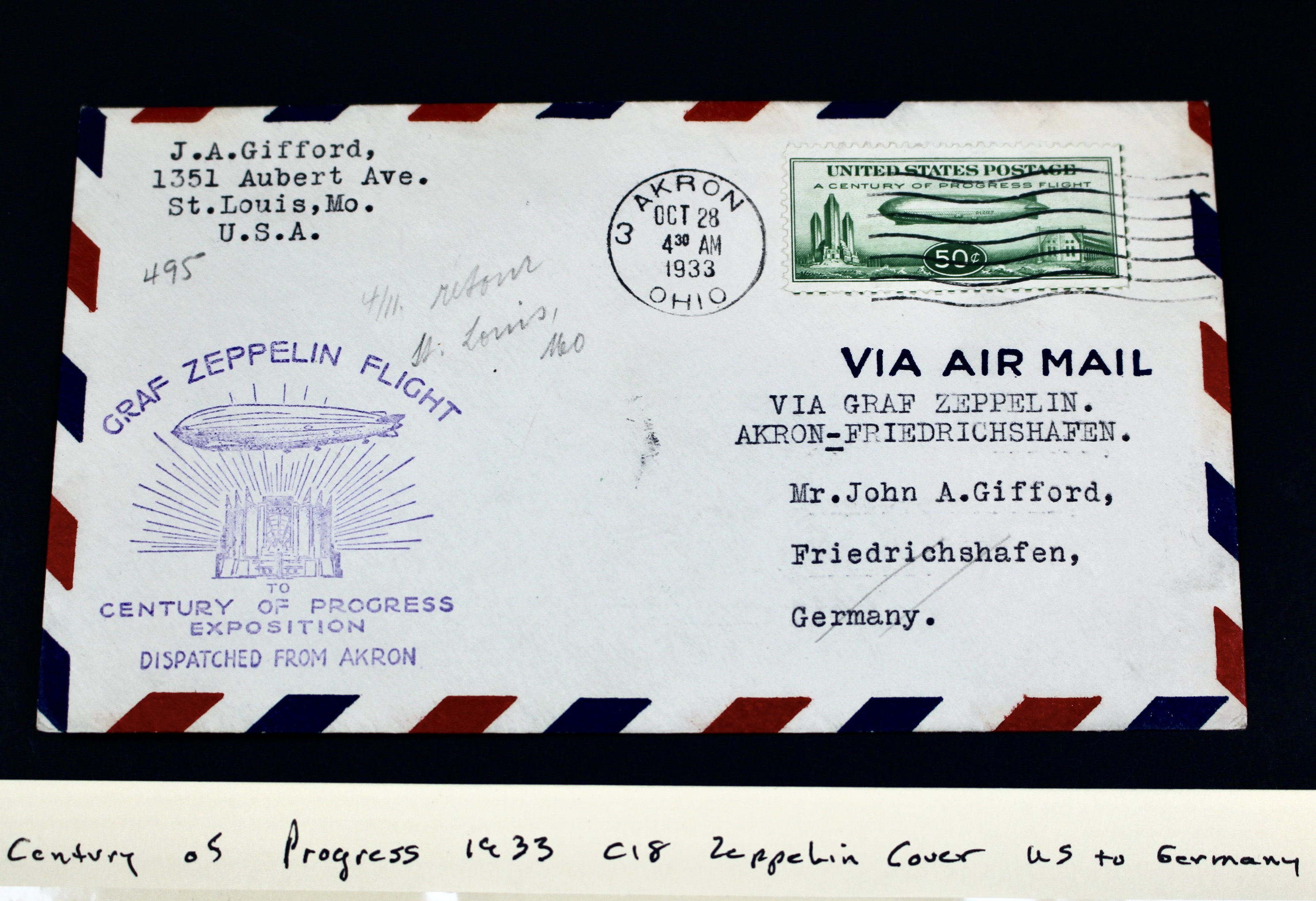 1933 Century of Progress Graf Zeppelin Postal Cover, Includes C18 Airmail Stamp