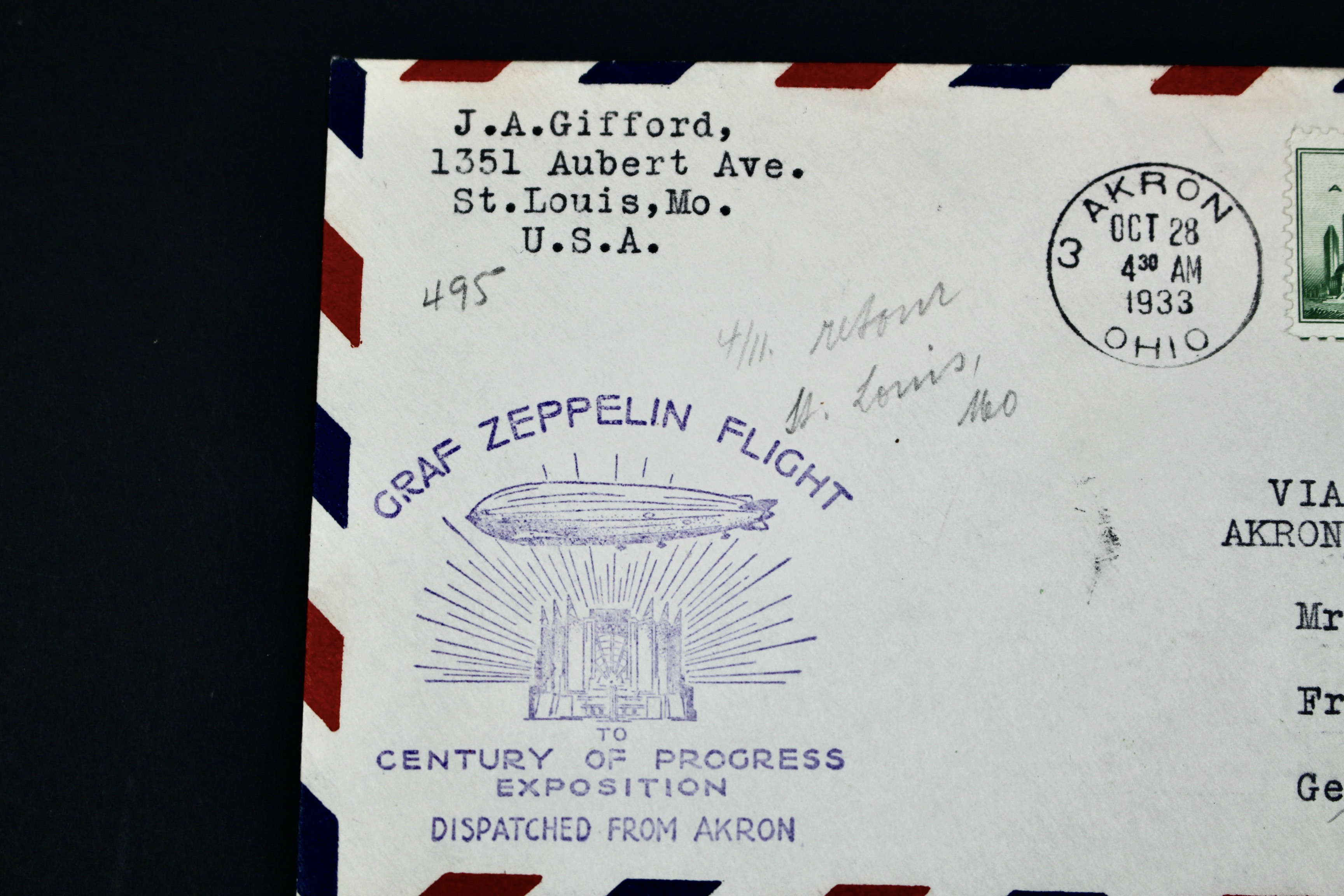 1933 Century of Progress Graf Zeppelin Postal Cover, Includes C18 Airmail Stamp