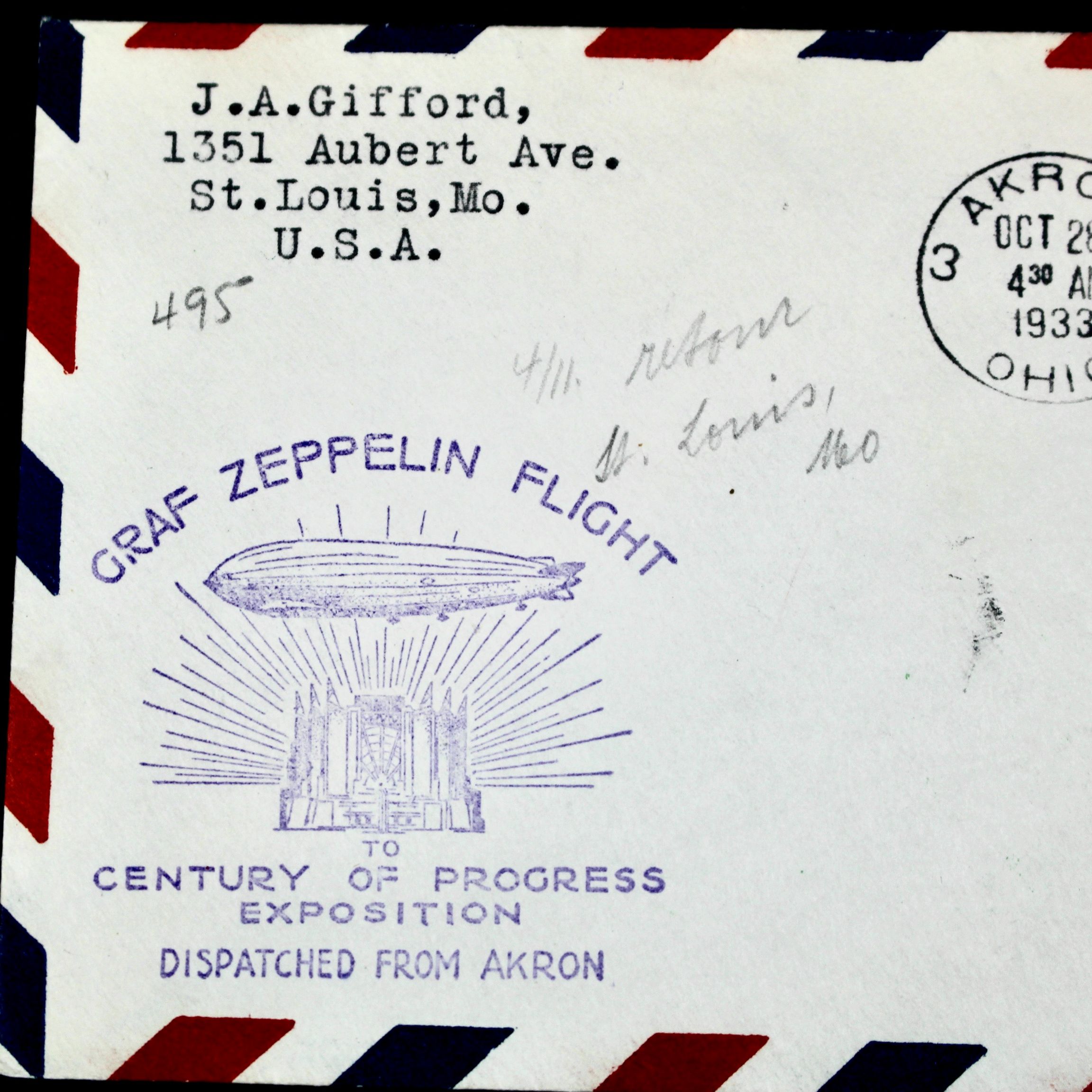 1933 Century of Progress Graf Zeppelin Postal Cover, Includes C18 Airmail Stamp