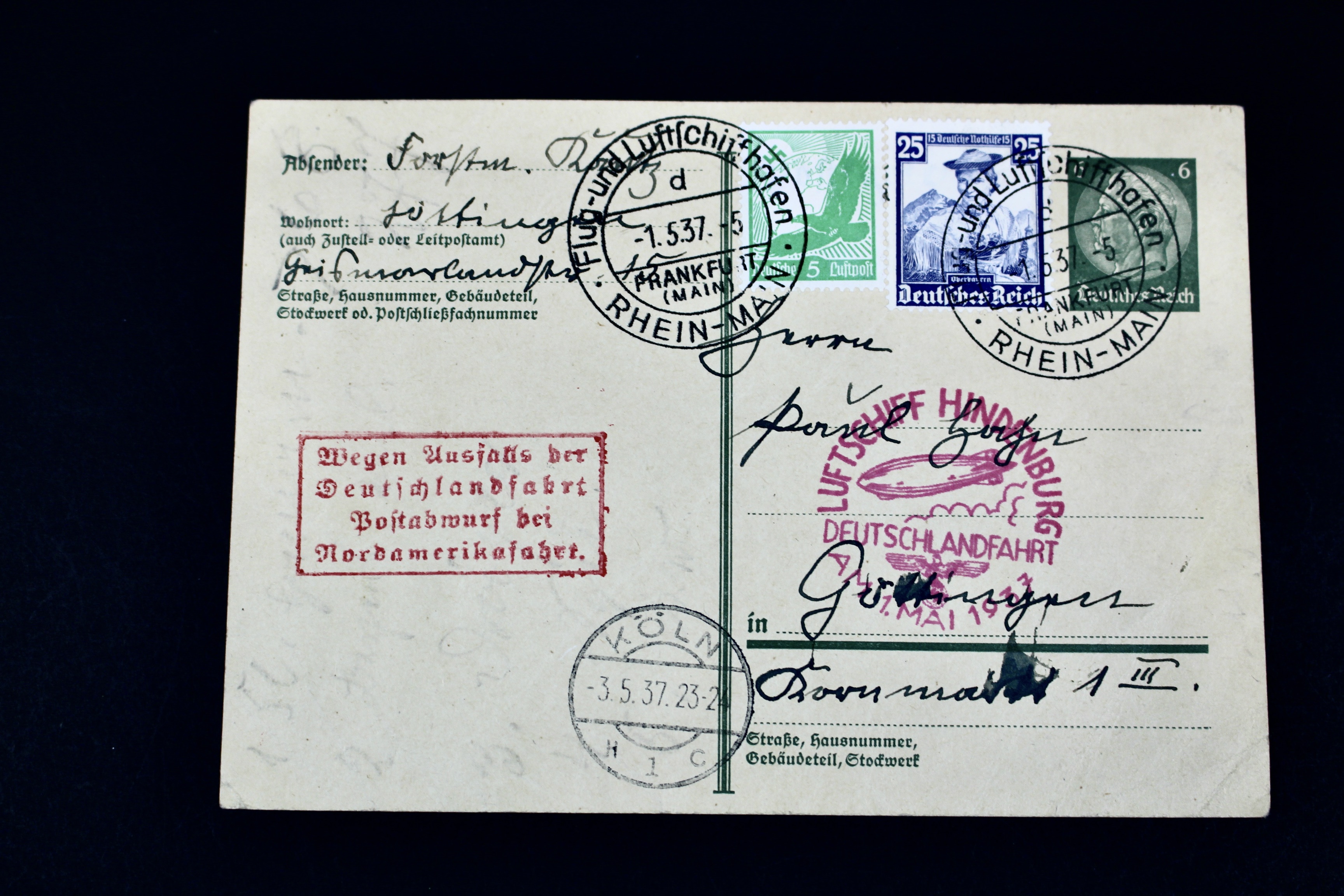 1937 Hindenburg Graf Zeppelin Postcard