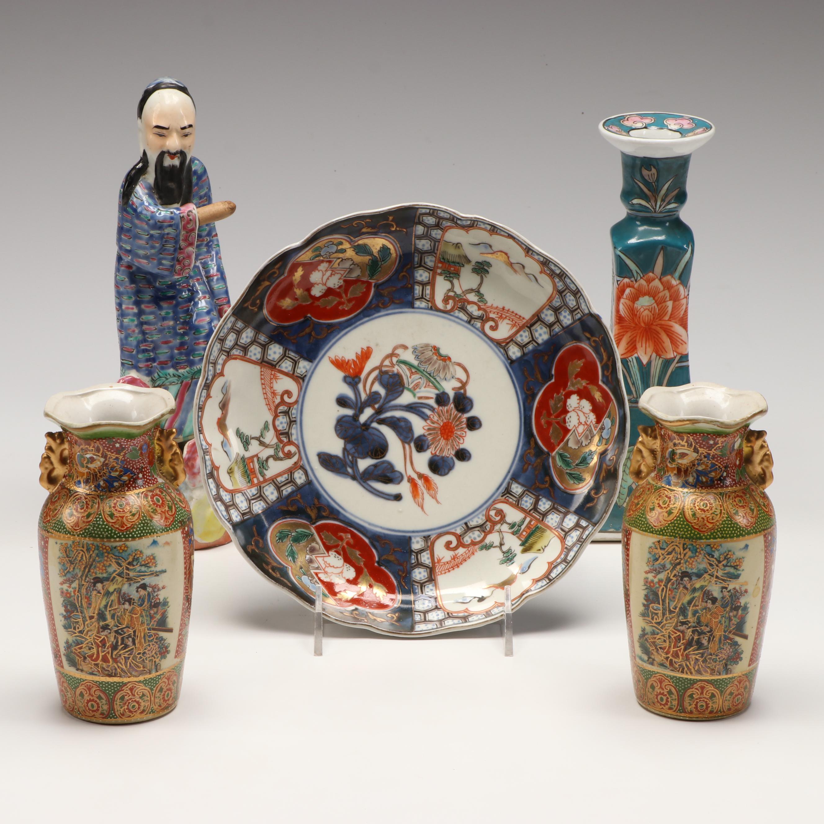 Chinese Porcelain Lotus Candle Holder, Imari Porcelain Bowl, and More Décor