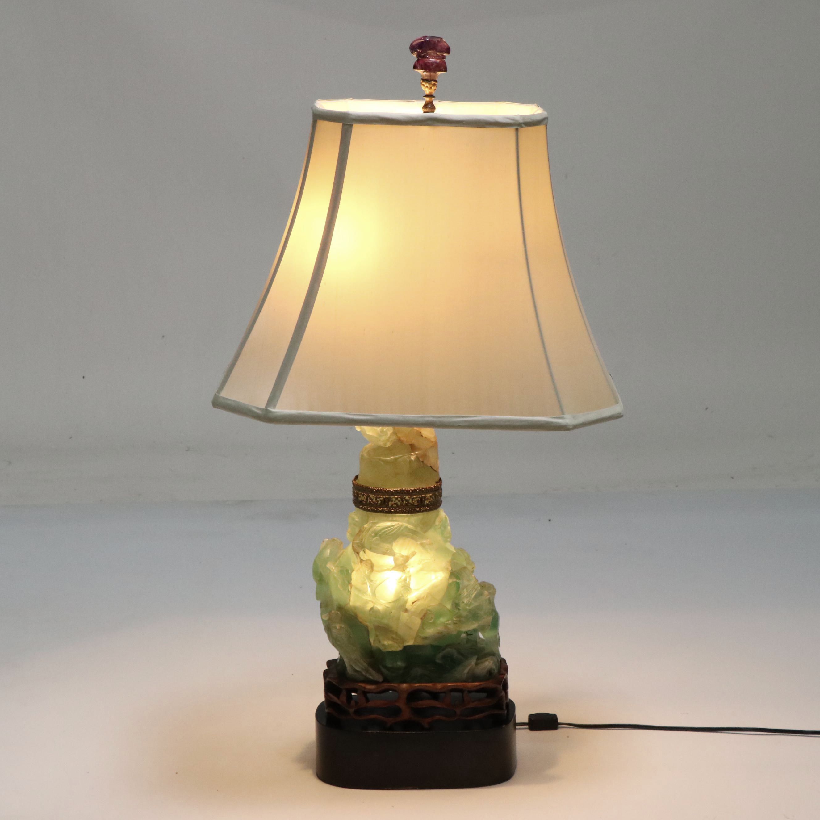 Chinese Hand-Carved Fluorite Censer Table Lamp with Silk Shade