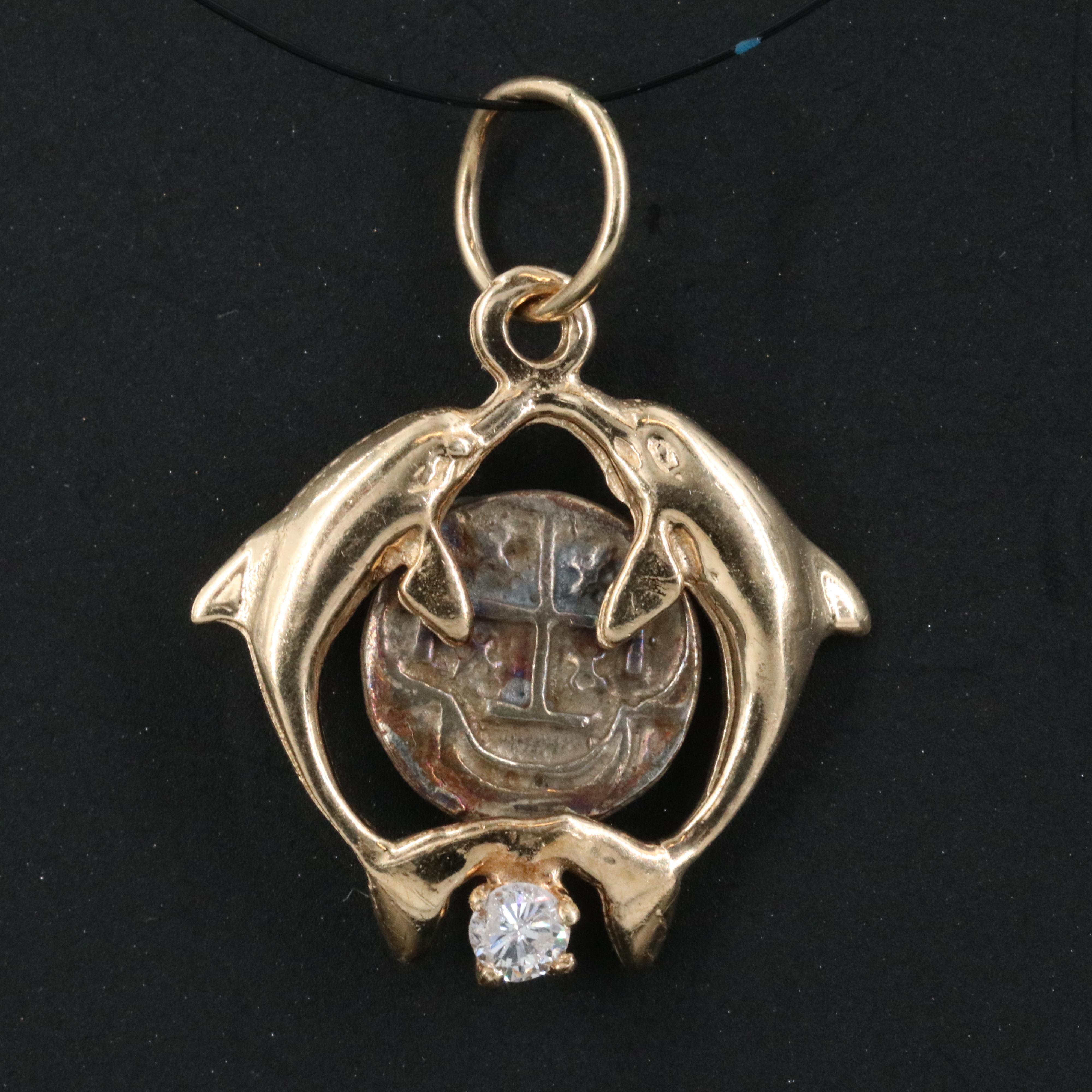14K 0.06 CT Diamond Dolphin Bezel With Sterling Shipwreck Replica Coin Pendant