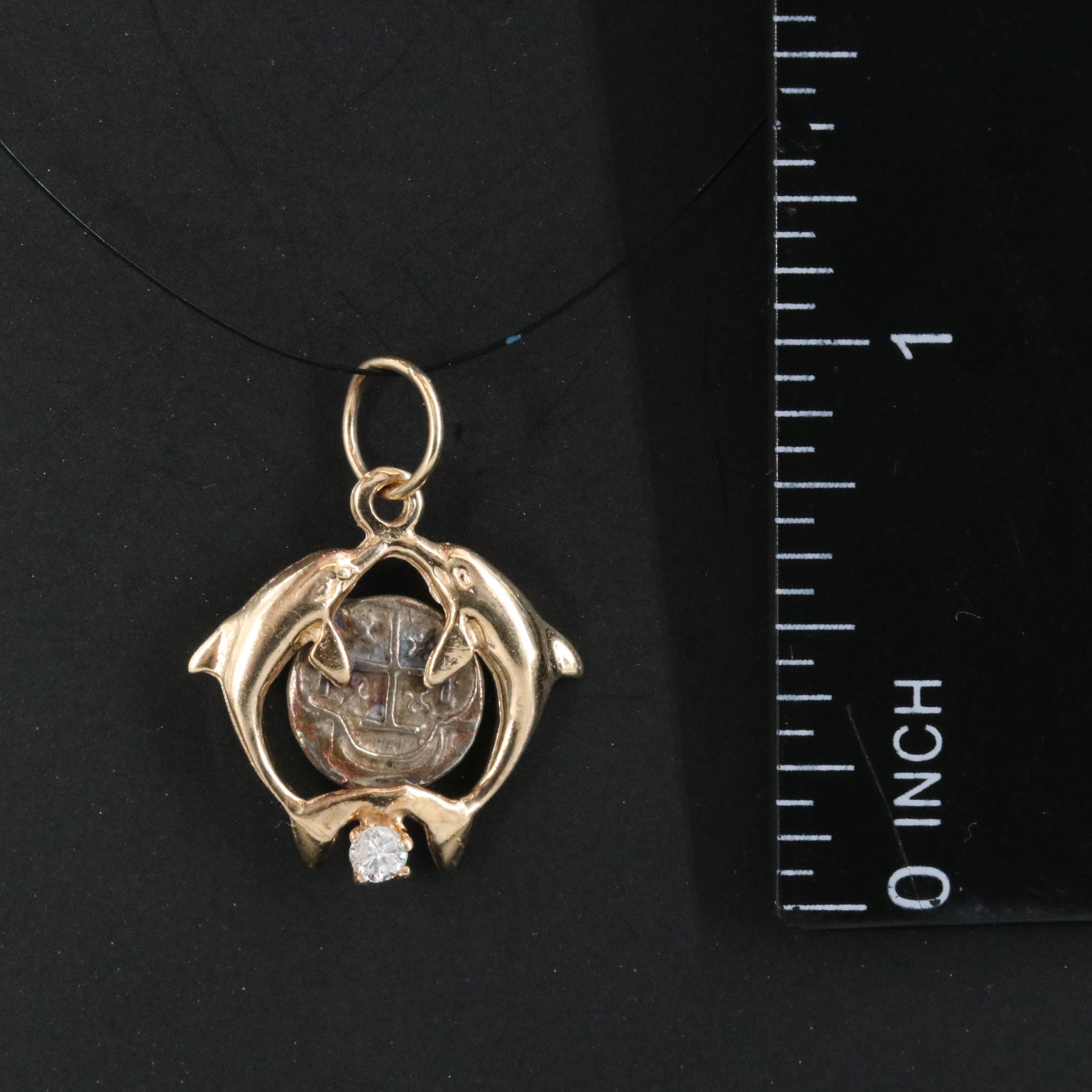 14K 0.06 CT Diamond Dolphin Bezel With Sterling Shipwreck Replica Coin Pendant