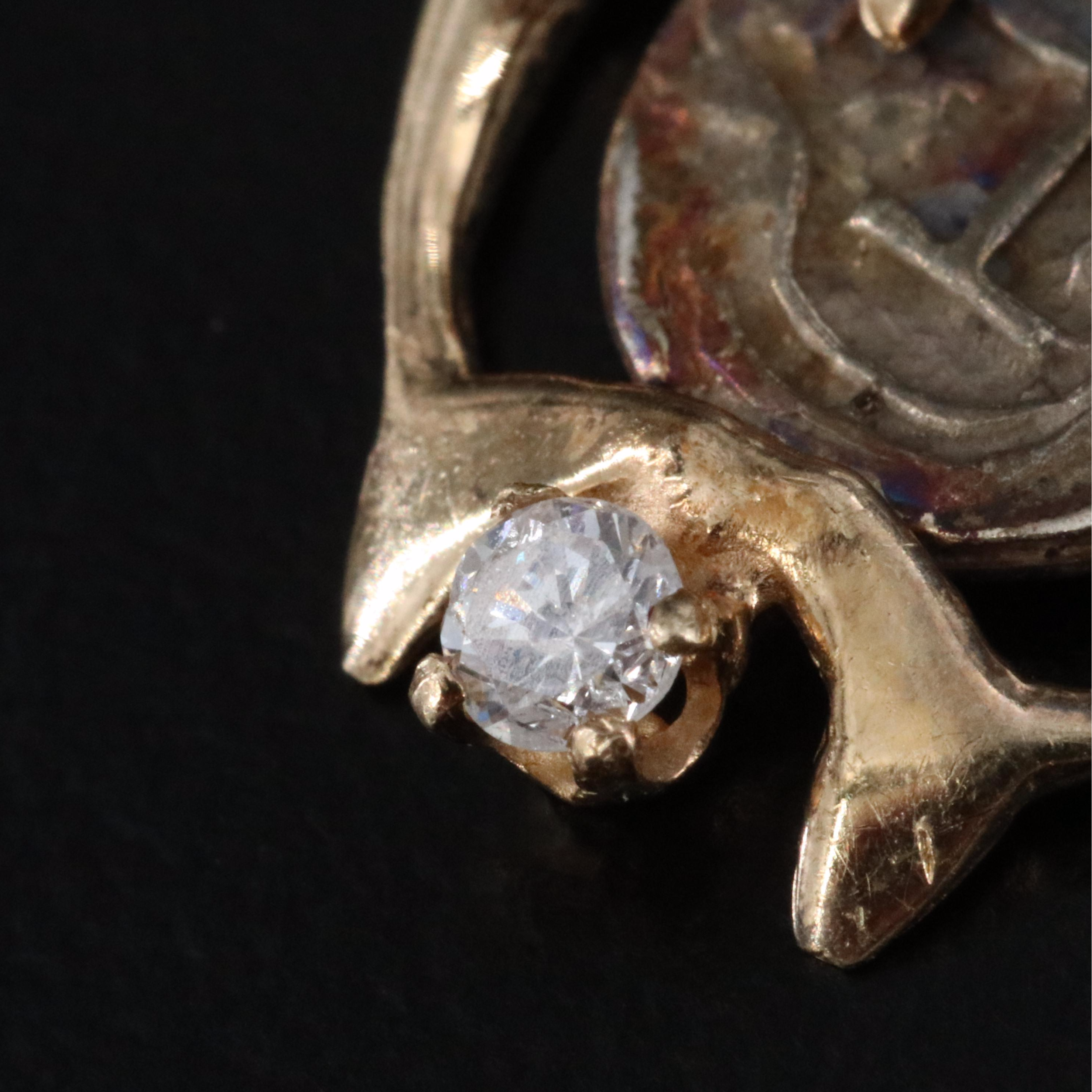14K 0.06 CT Diamond Dolphin Bezel With Sterling Shipwreck Replica Coin Pendant