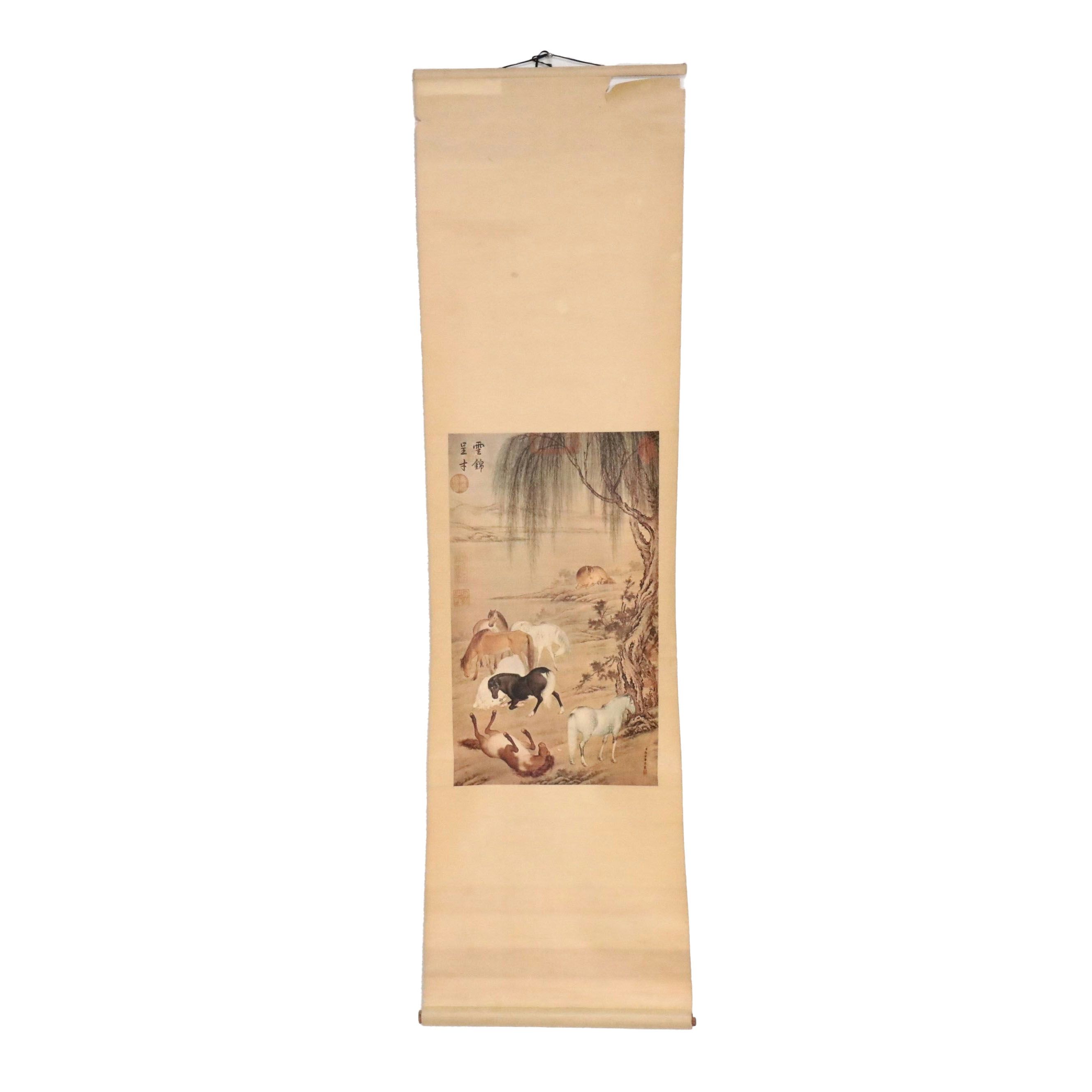 Hanging Scroll Offset Lithograph After Giuseppe Castiglione's "Eight Horses"