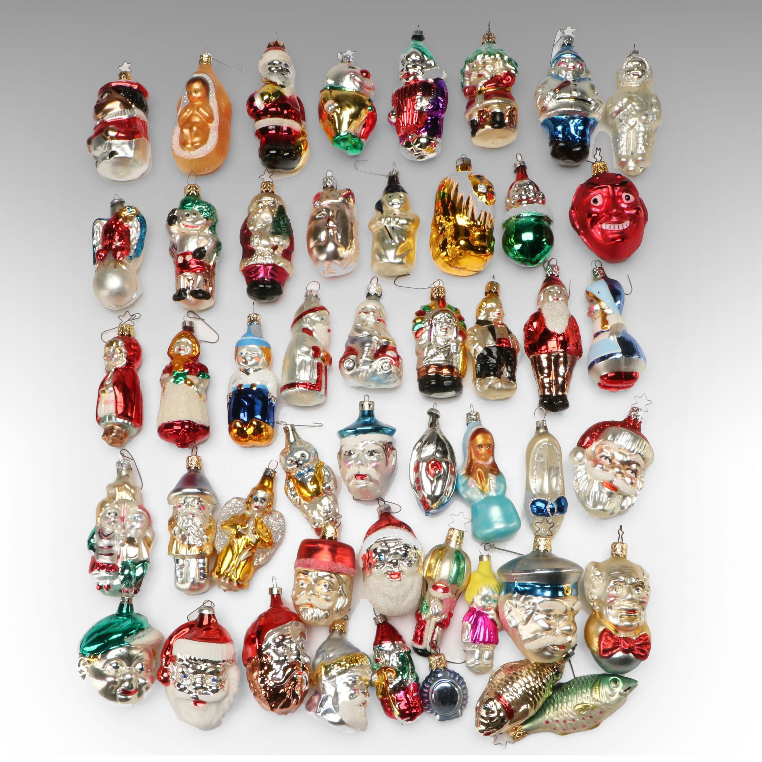 German, Czech with Other Silvered Glass Christmas Ornaments, Mid-20th Century