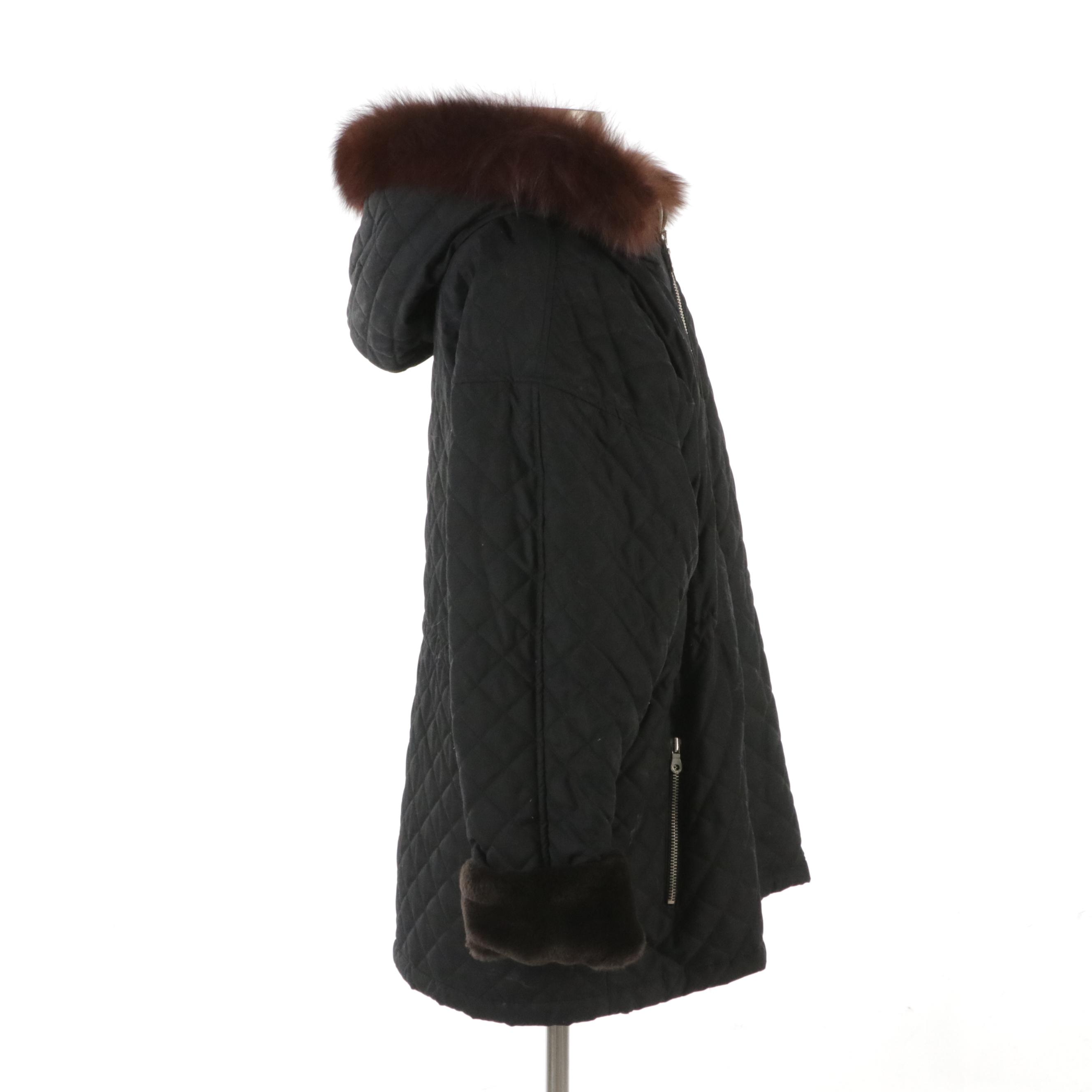 Andrew Marc Black Quilted Polyester Coat with Brown Faux Fur Trim