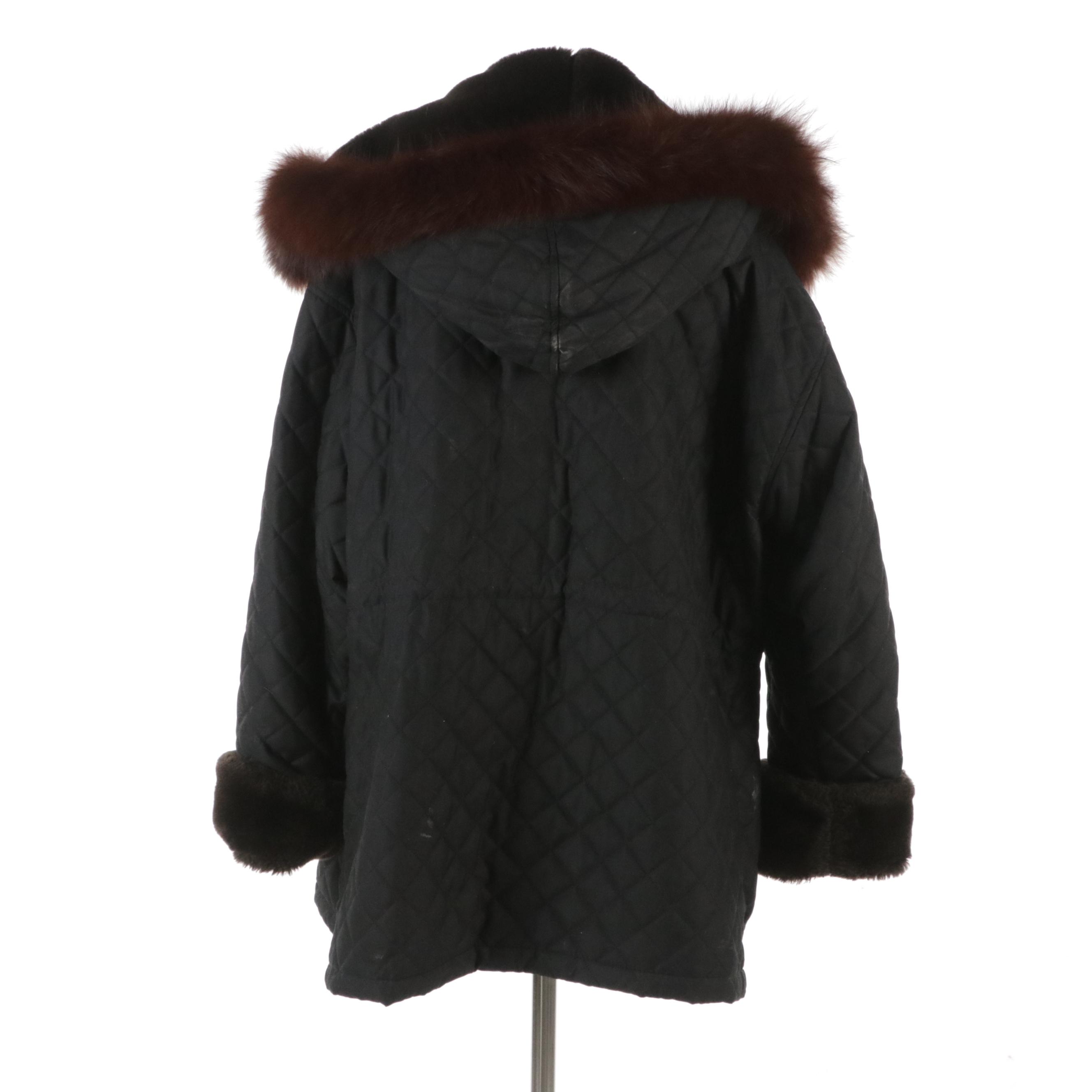 Andrew Marc Black Quilted Polyester Coat with Brown Faux Fur Trim