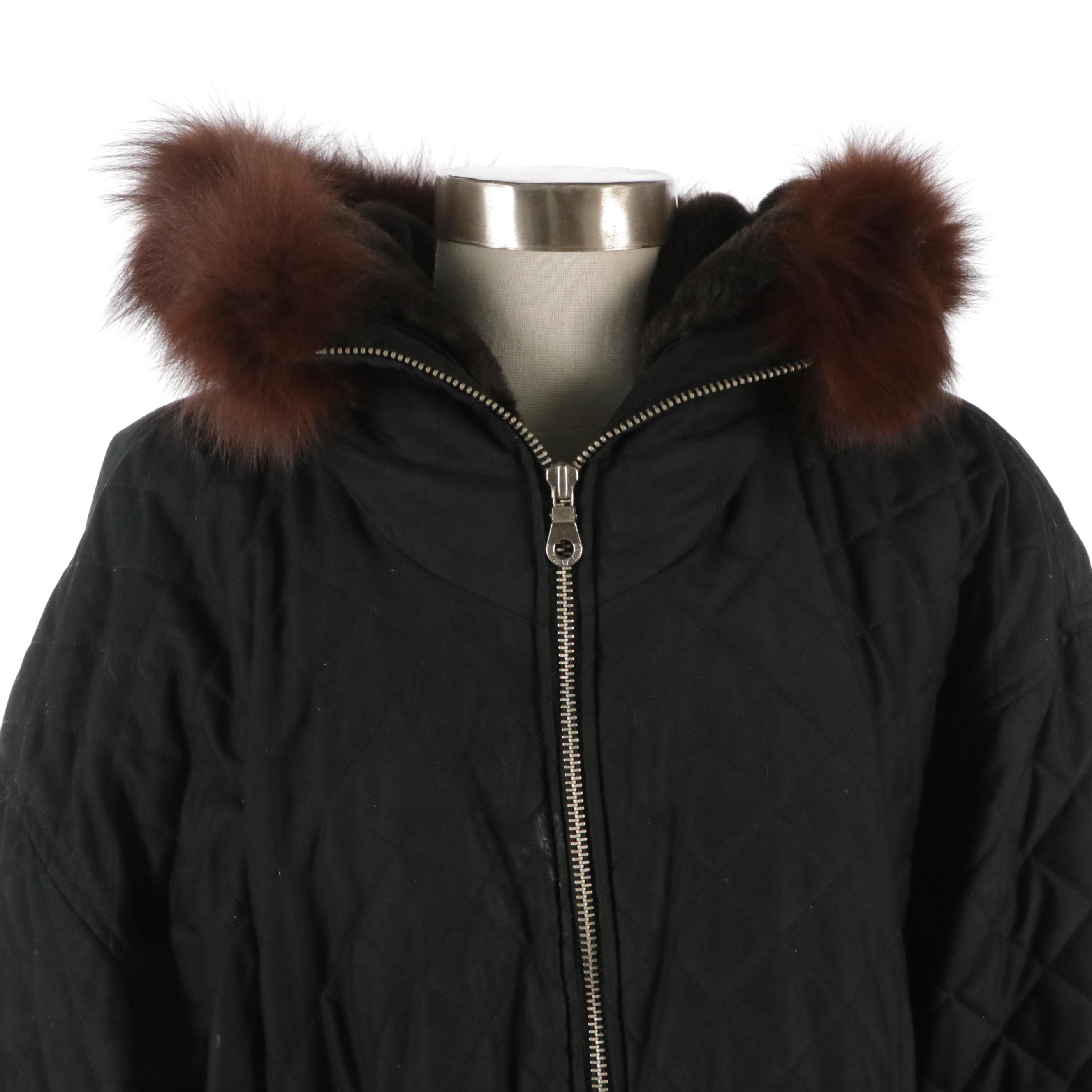 Andrew Marc Black Quilted Polyester Coat with Brown Faux Fur Trim