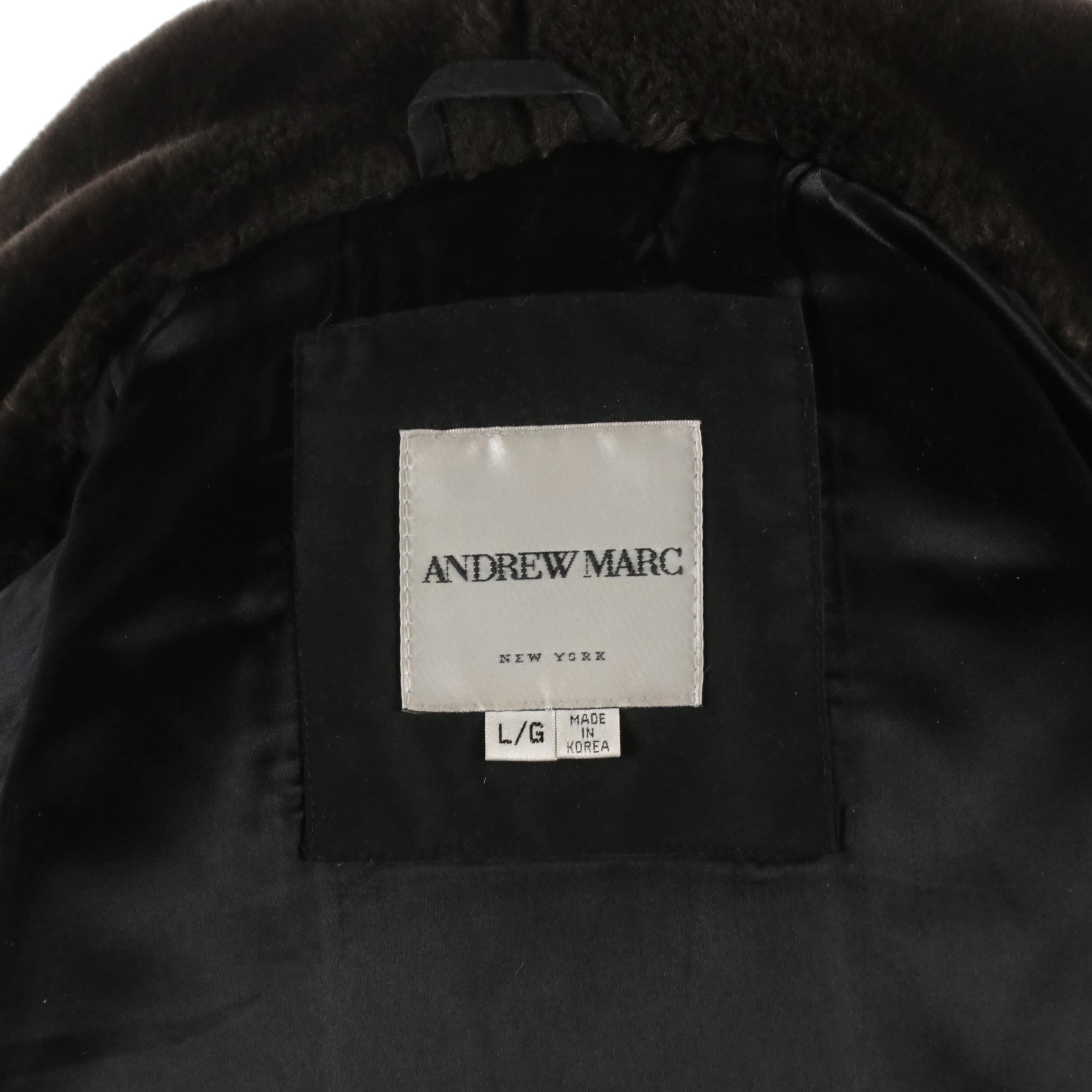 Andrew Marc Black Quilted Polyester Coat with Brown Faux Fur Trim