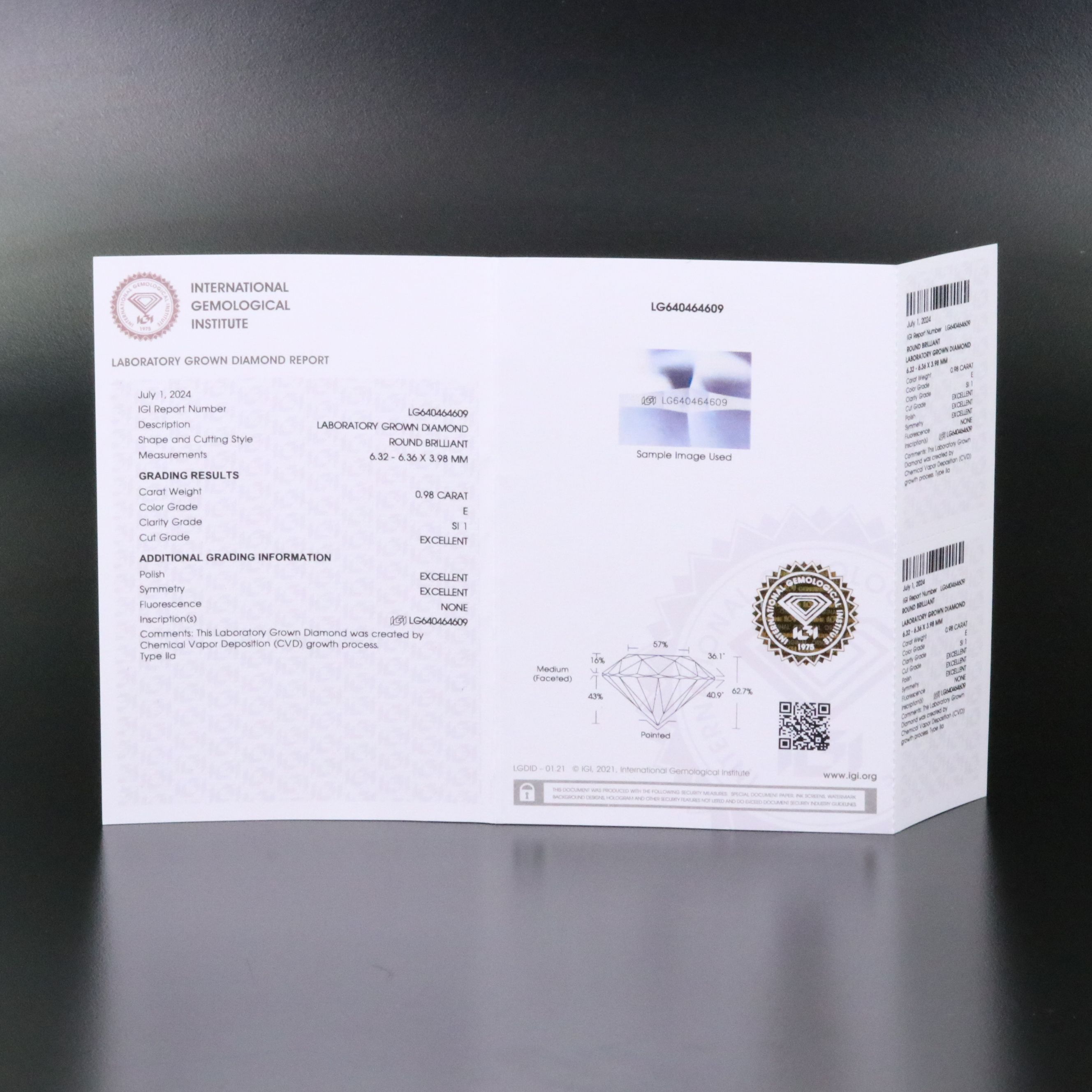 Loose 0.98 CT Lab Grown Diamond with IGI Report