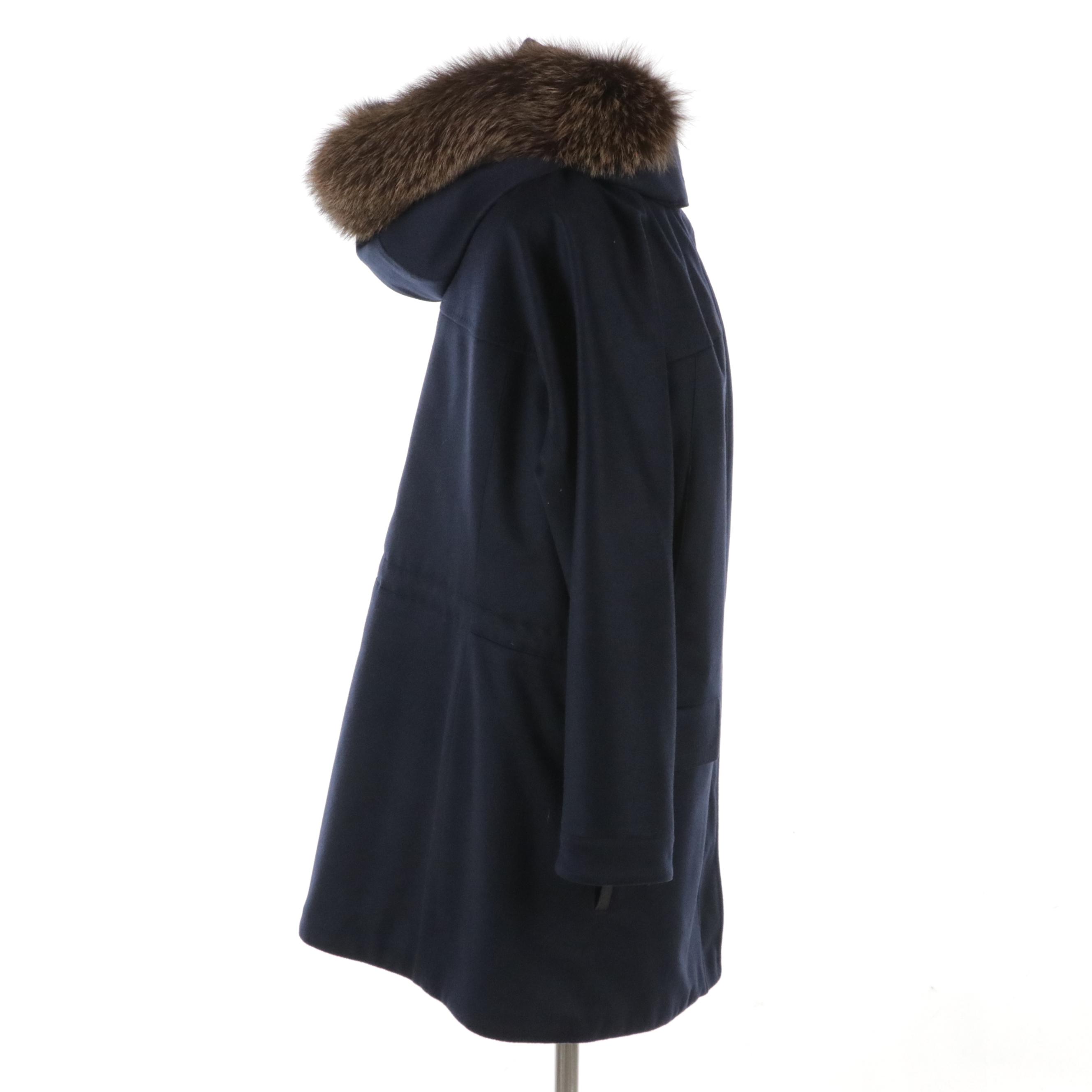 Loro Piana Navy Cashmere Coat with Dyed Fox and Sheared Nutria Fur Trim